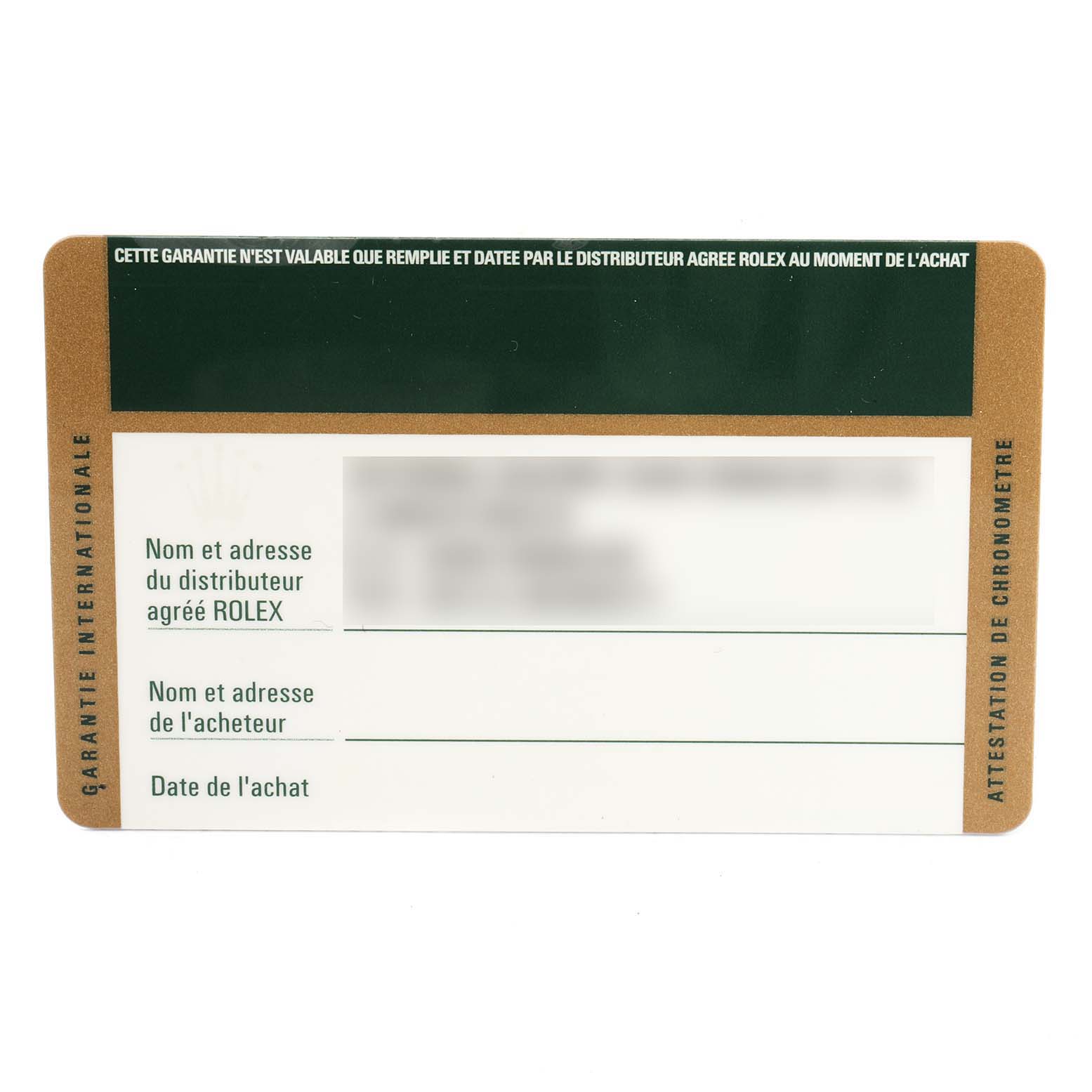 This image shows the warranty card for the Rolex Air-King 114210 Men's Stainless Steel White Dial 114210 Men's Stainless Steel White Dial model, viewed from a top-down angle.