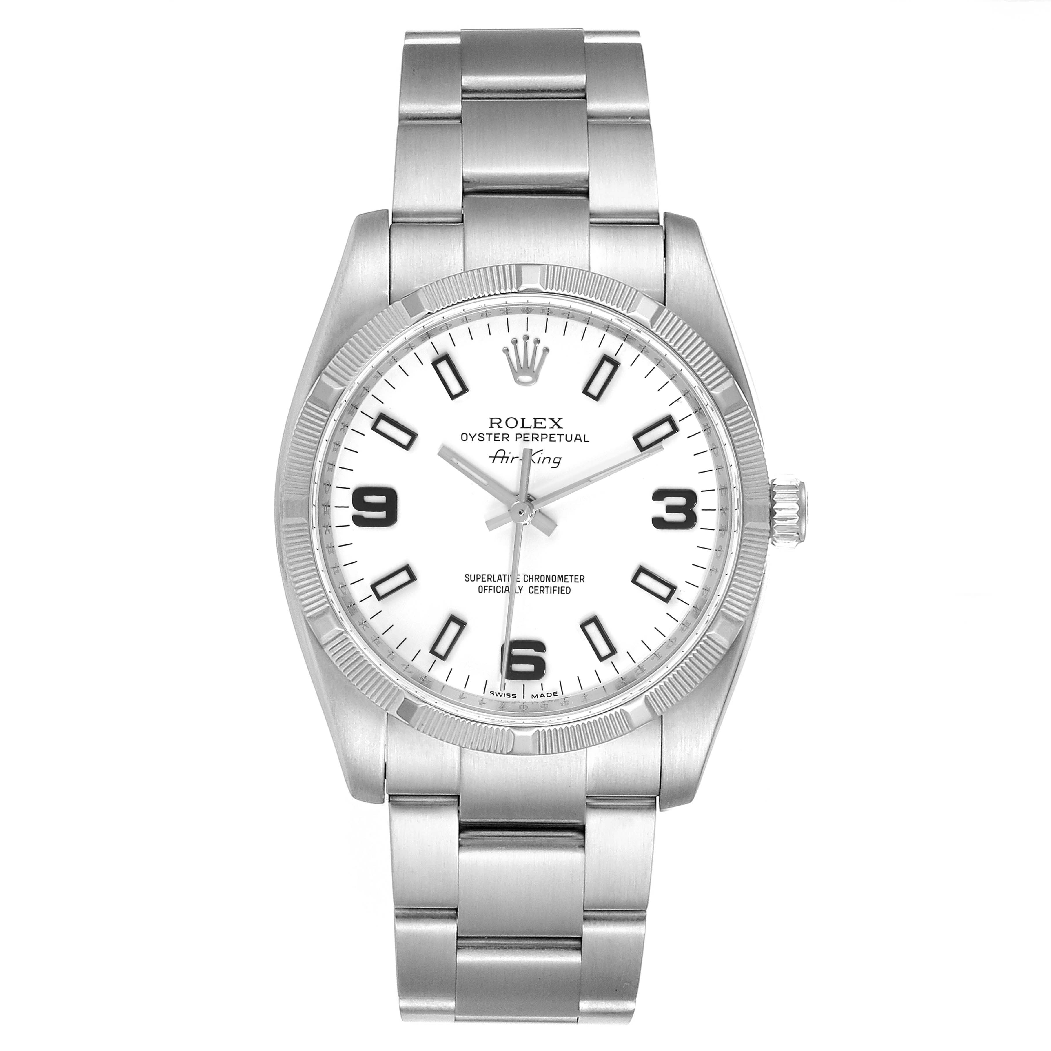 The image shows a frontal view of a Rolex Air-King 114210 Men's Stainless Steel White Dial 114210 Men's Stainless Steel White Dial watch, displaying its dial, bezel, and bracelet.