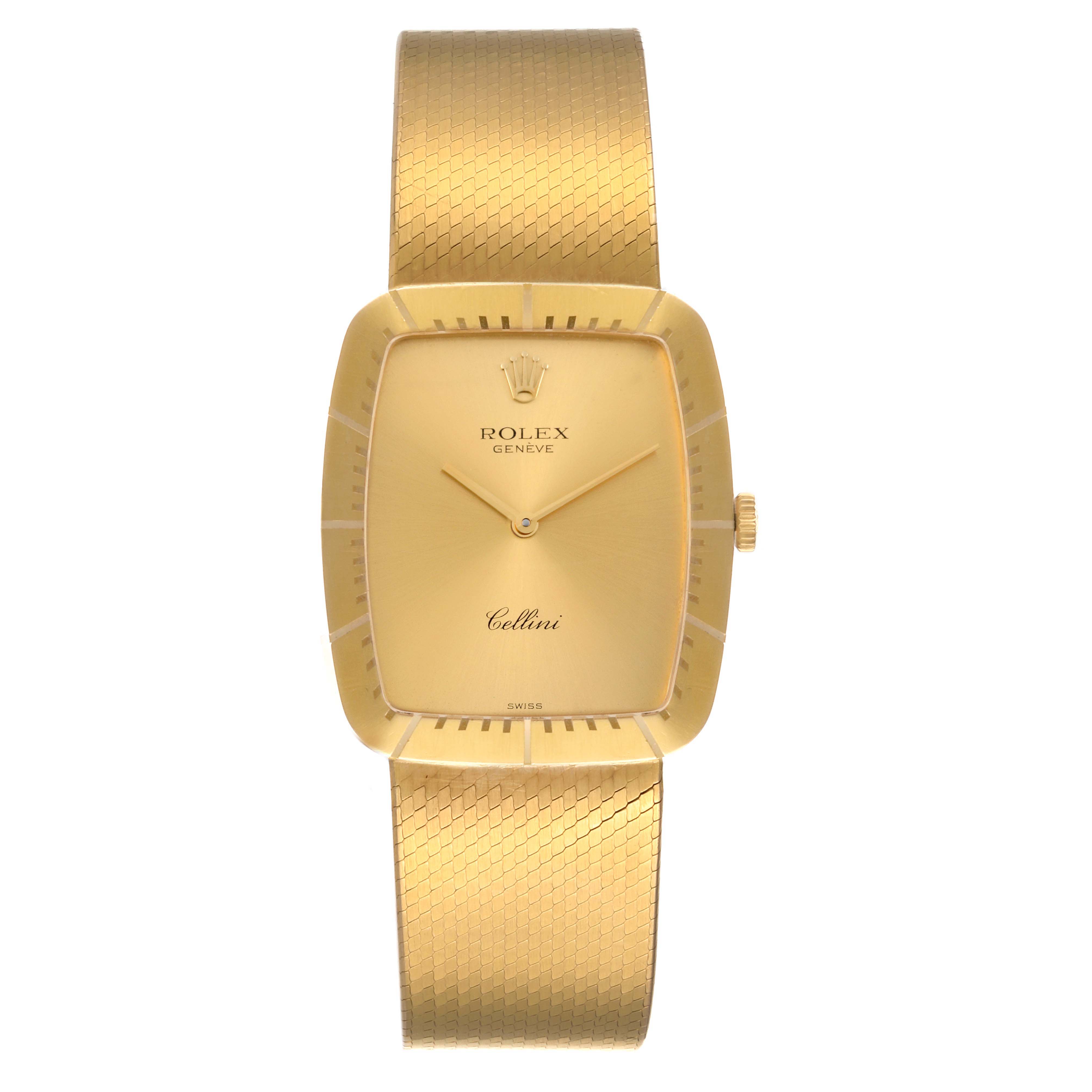 The image shows a front view of a Rolex Cellini 4322 Men's Yellow Gold Champagne Dial 4322 Men's Yellow Gold Champagne Dial watch, displaying its dial, hands, hour markers, and mesh strap.