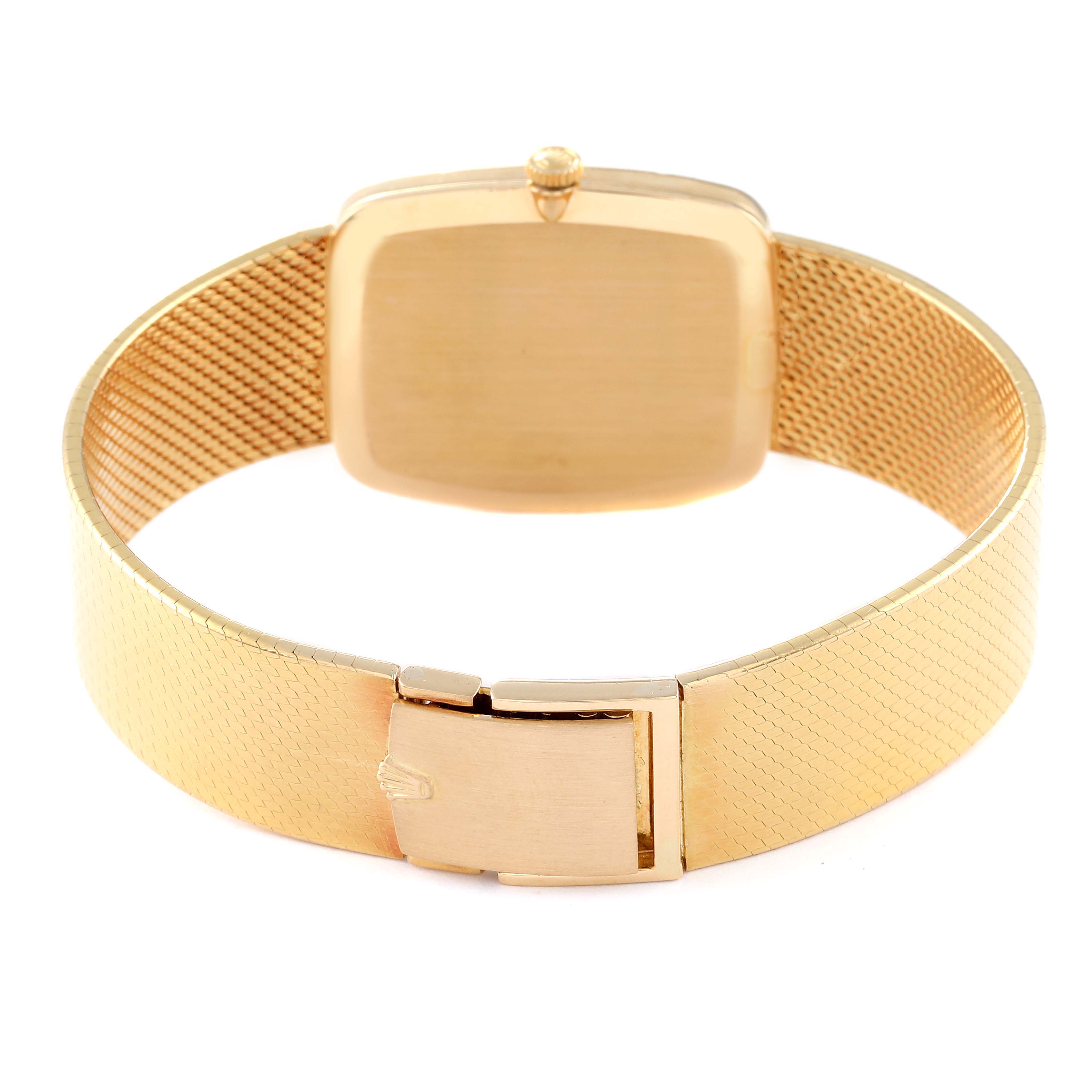 The image shows the back view of a Rolex Cellini 4322 Men's Yellow Gold Champagne Dial 4322 Men's Yellow Gold Champagne Dial watch, highlighting the case, crown, and mesh bracelet with clasp.