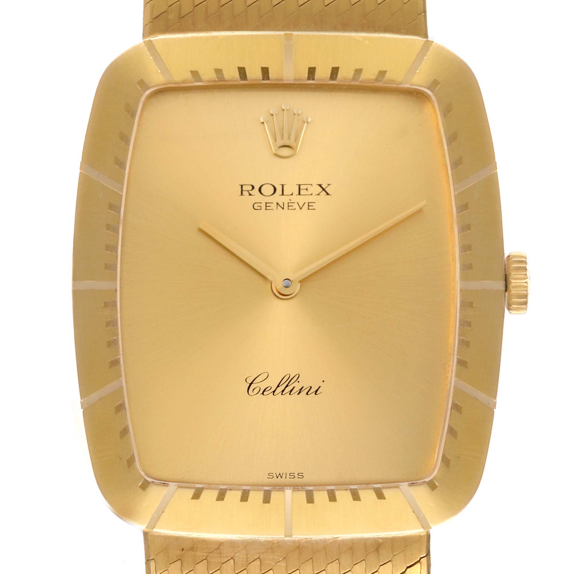 This image shows a close-up of the Rolex Cellini 4322 Men's Yellow Gold Champagne Dial 4322 Men's Yellow Gold Champagne Dial watch face, including the hands, crown, brand logo, and part of the bracelet.