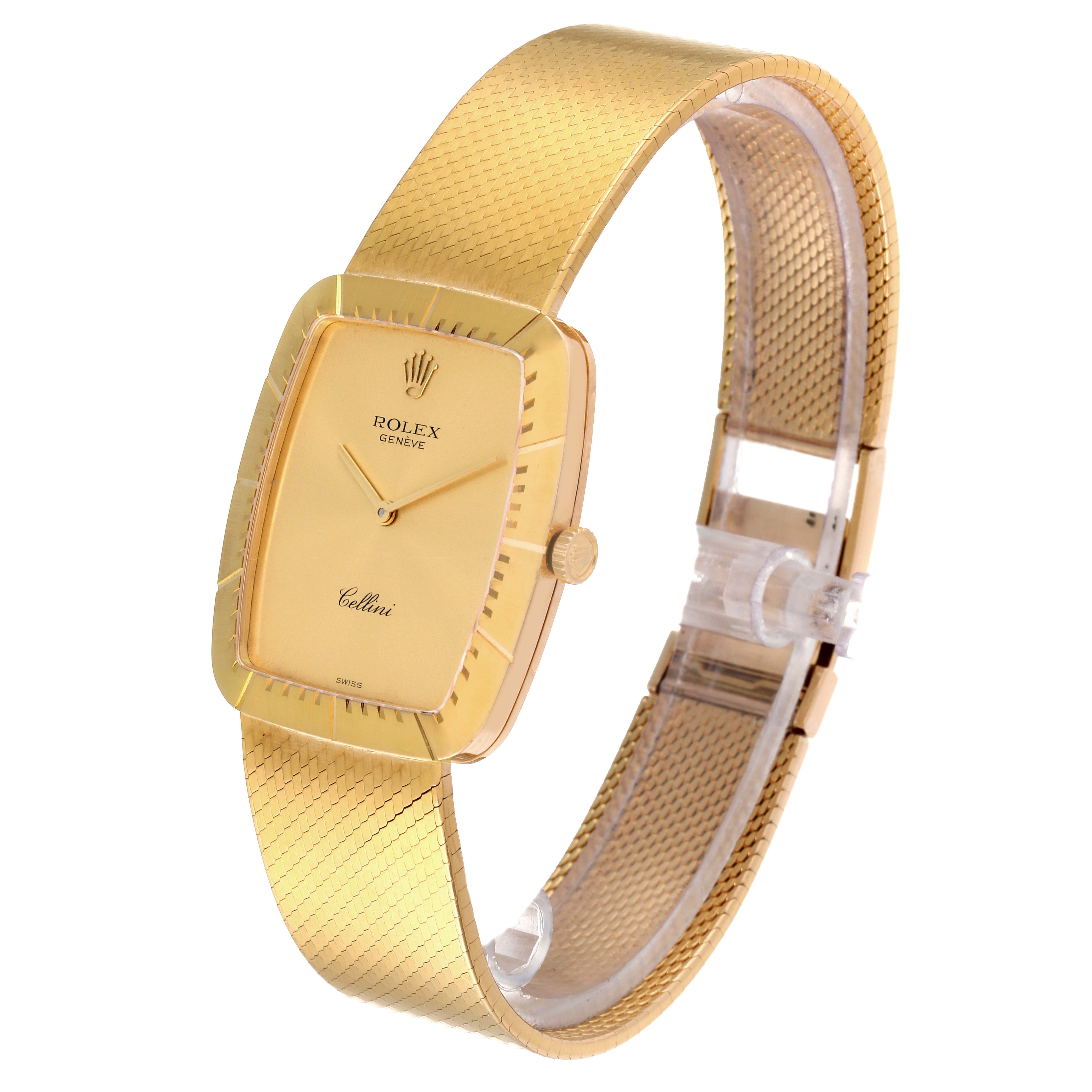 The image shows a golden Rolex Cellini 4322 Men's Yellow Gold Champagne Dial 4322 Men's Yellow Gold Champagne Dial watch at a side angle, highlighting its dial, case, and mesh strap.
