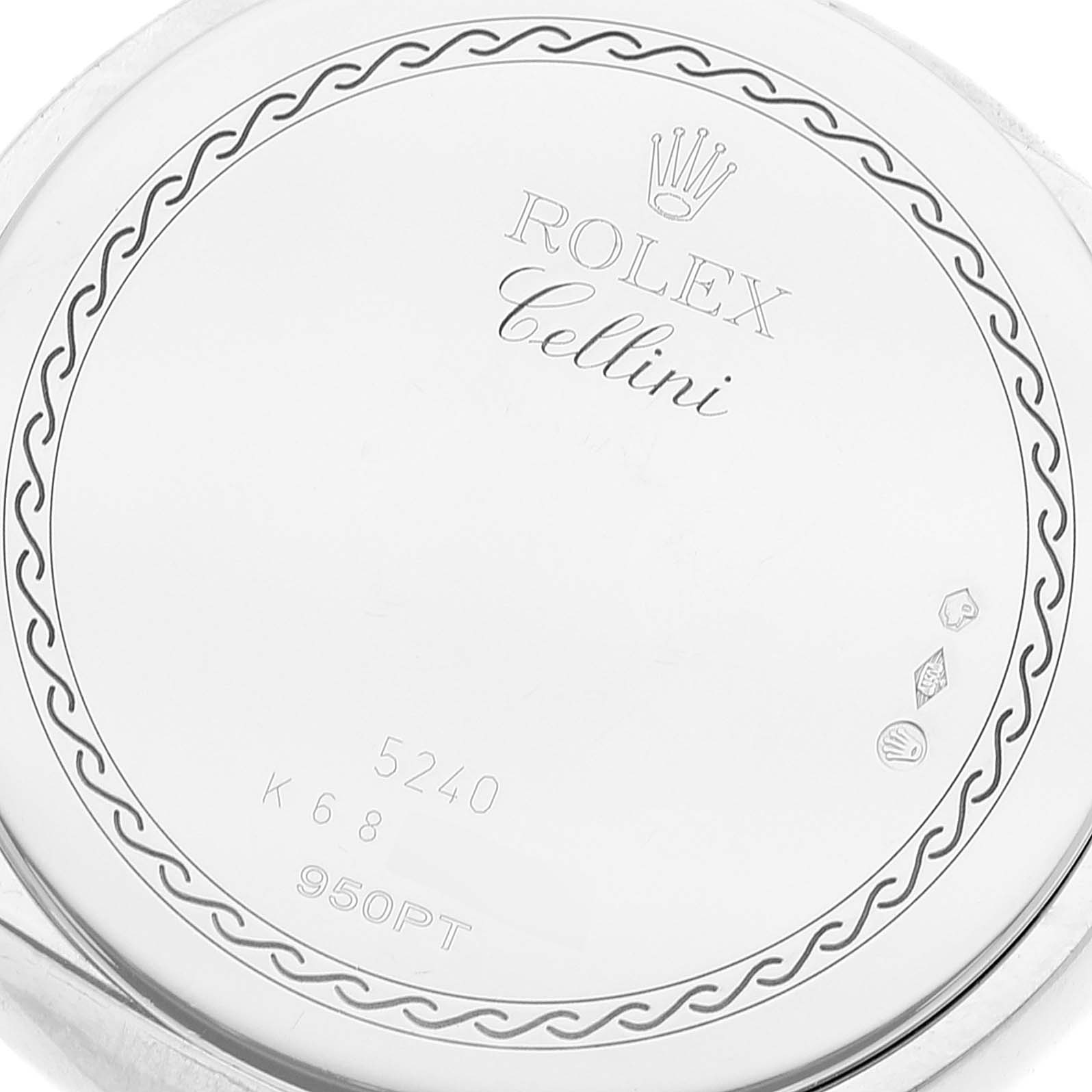 The image shows the back case of a Rolex Cellini 5240 Men's Platinum Mother of Pearl Dial 5240 Men's Platinum Mother of Pearl Dial watch, featuring branding and model details.