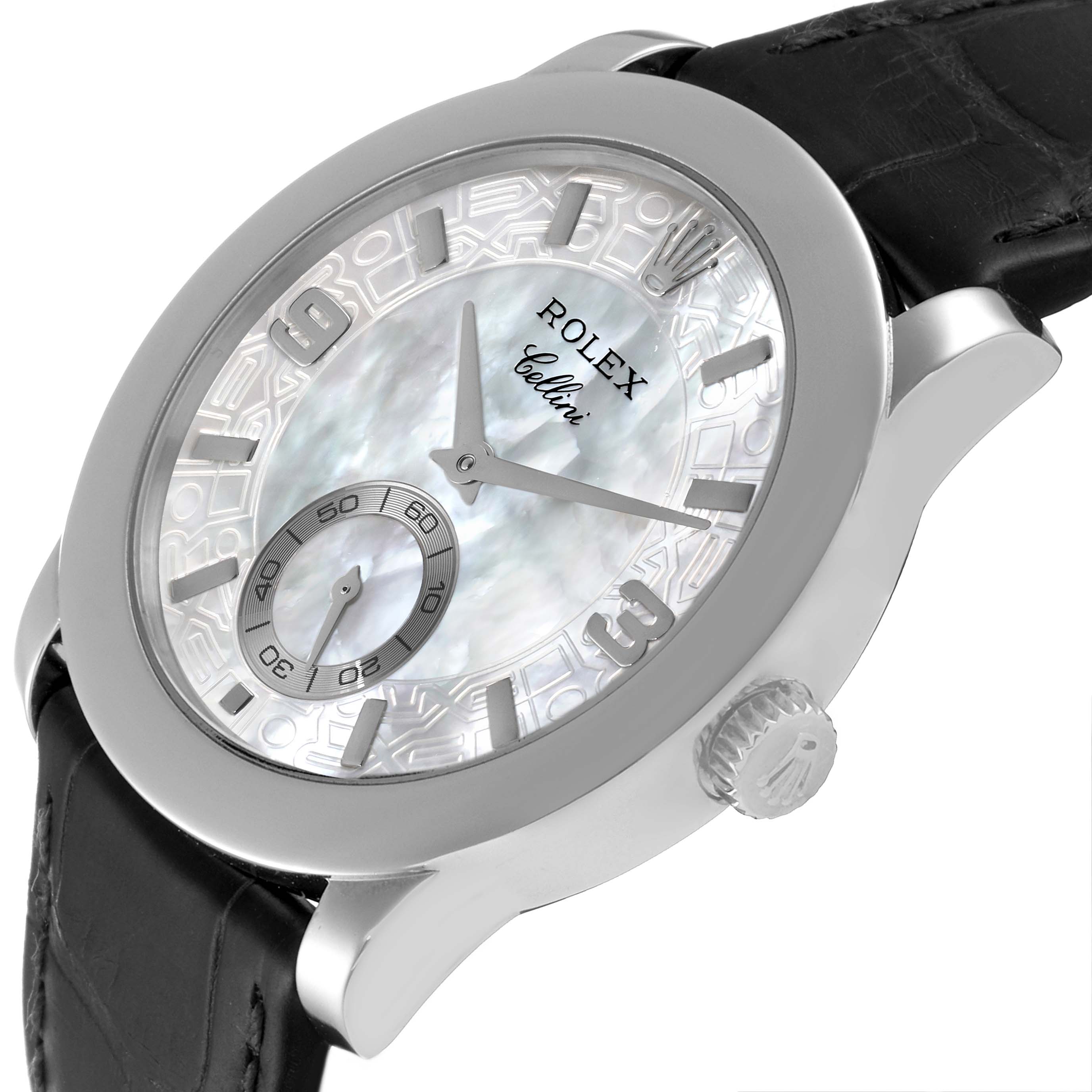 The image shows a Rolex Cellini 5240 Men's Platinum Mother of Pearl Dial 5240 Men's Platinum Mother of Pearl Dial watch from a side angle, highlighting the face, dial, crown, and black leather strap.