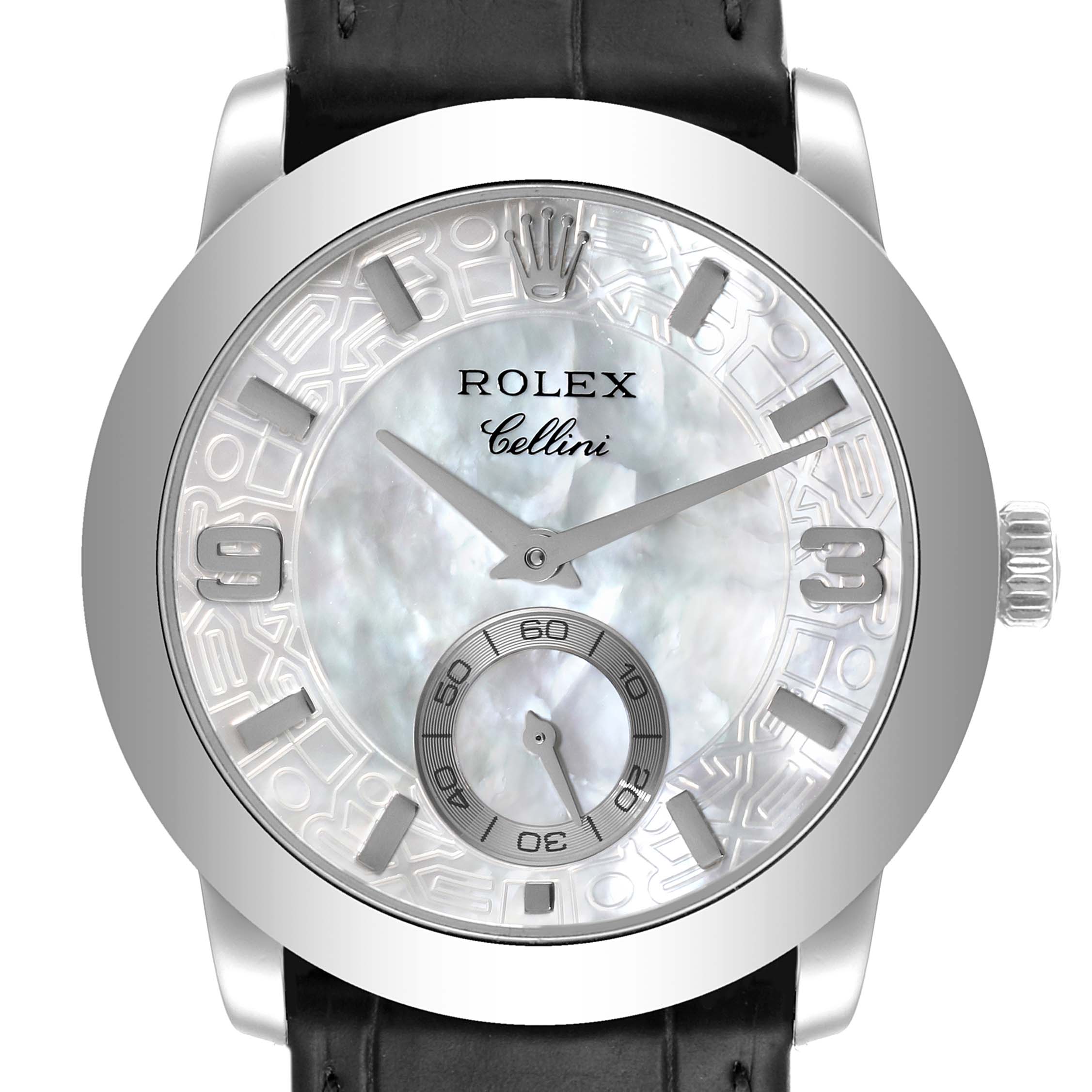 This Rolex Cellini 5240 Men's Platinum Mother of Pearl Dial 5240 Men's Platinum Mother of Pearl Dial watch is shown from a front angle, displaying its face, dial, and part of the strap.