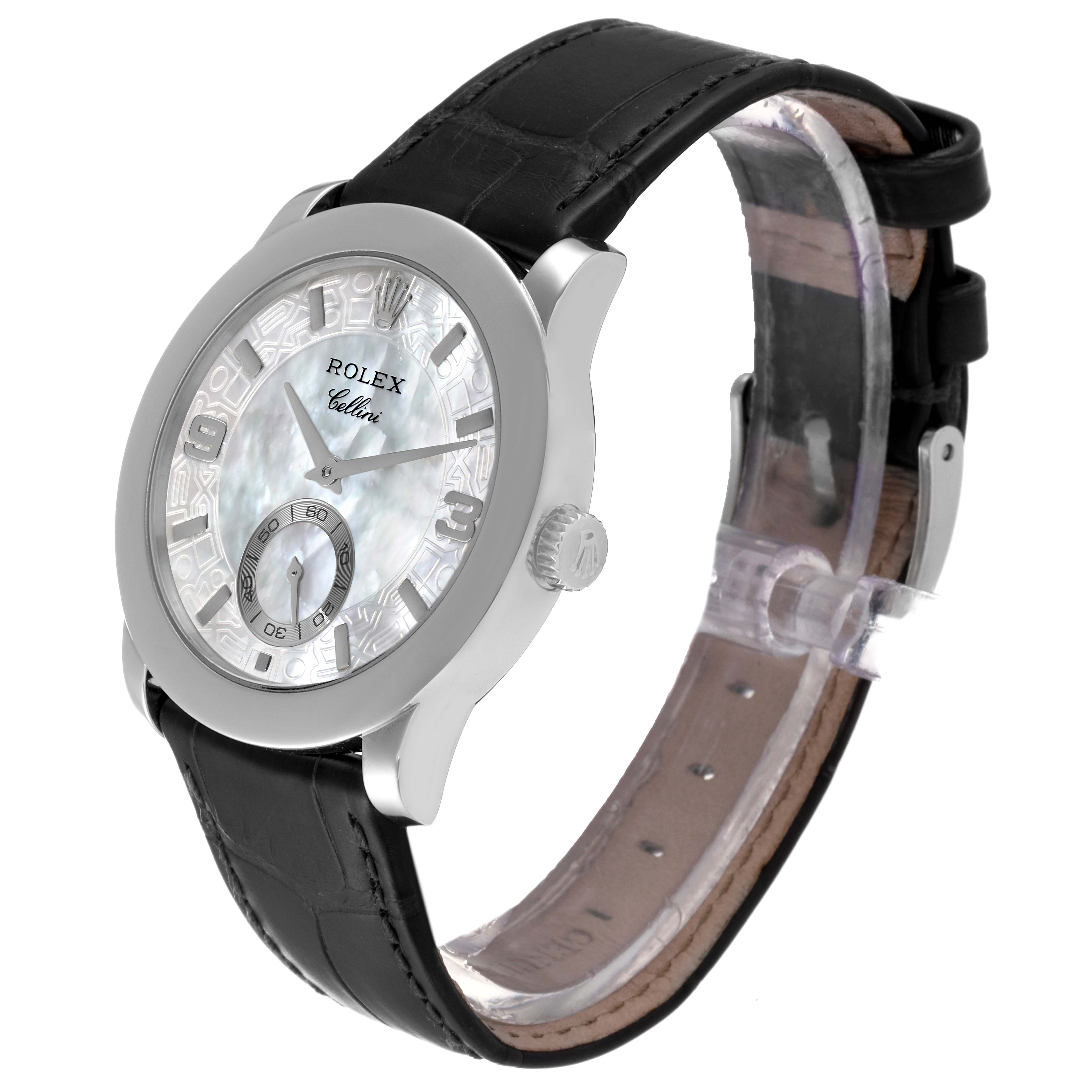 The Rolex Cellini 5240 Men's Platinum Mother of Pearl Dial 5240 Men's Platinum Mother of Pearl Dial watch is shown at a three-quarter angle, displaying its face, case, crown, and black leather strap.