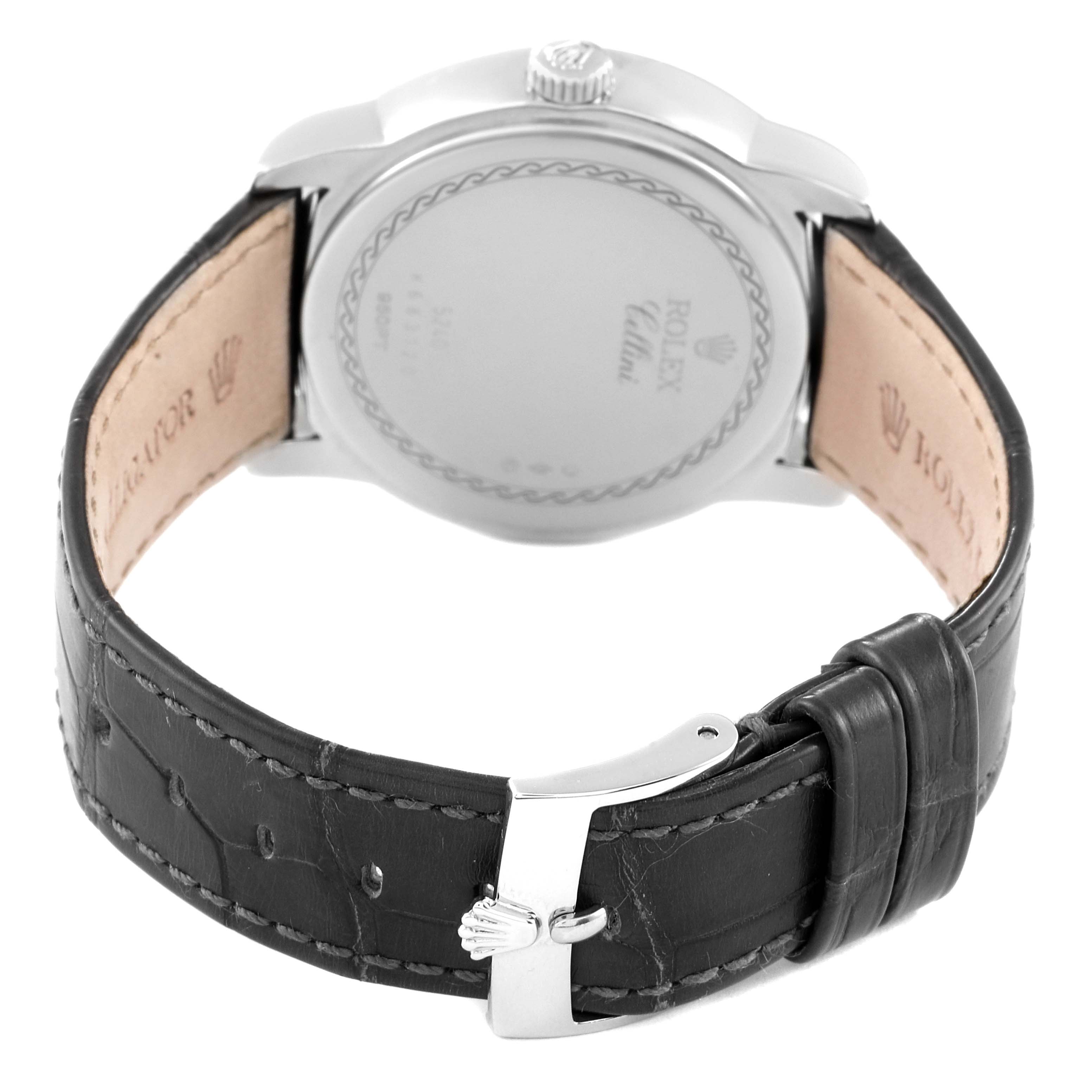 The image shows the back case, crown, and leather strap of a Rolex Cellini 5240 Men's Platinum Mother of Pearl Dial 5240 Men's Platinum Mother of Pearl Dial model watch.
