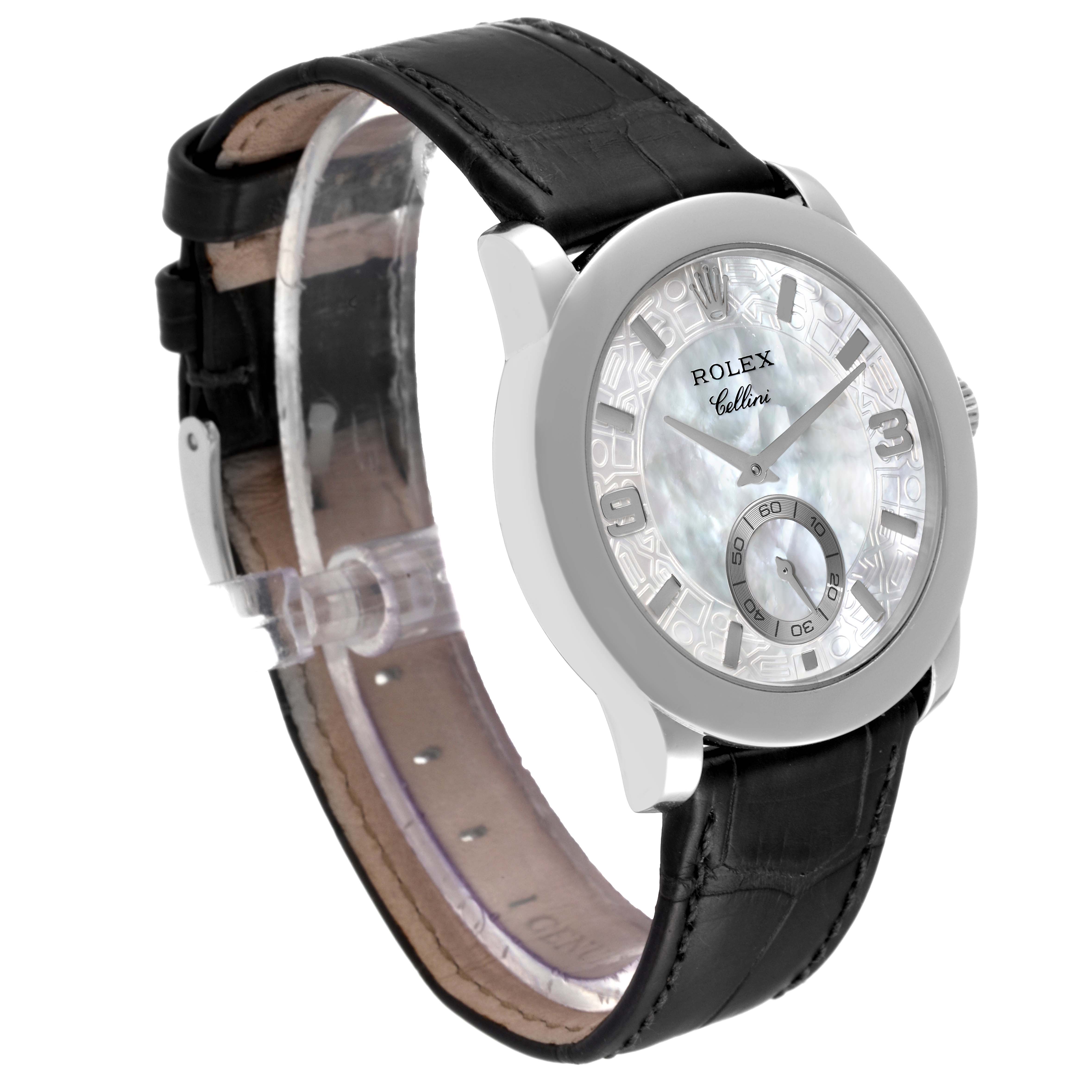 The image shows a side-angle view of a Rolex Cellini 5240 Men's Platinum Mother of Pearl Dial 5240 Men's Platinum Mother of Pearl Dial watch, featuring its face, bezel, and band.