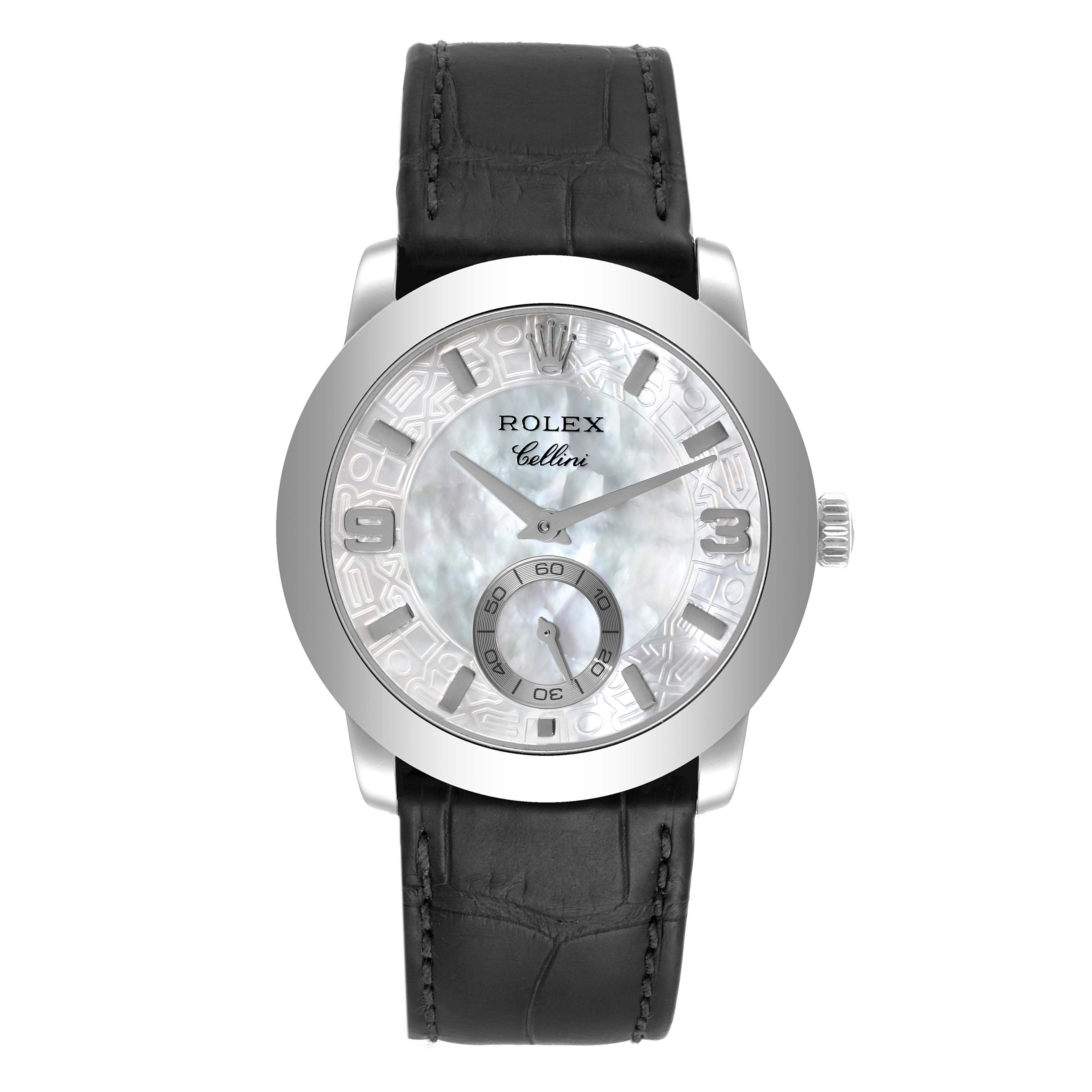 This image shows a front view of the Rolex Cellini 5240 Men's Platinum Mother of Pearl Dial 5240 Men's Platinum Mother of Pearl Dial watch, highlighting its dial, hands, crown, and black leather strap.