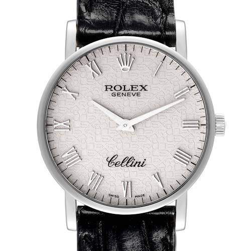 The Rolex Cellini watch is shown from the front, displaying the face, hands, Roman numerals, and part of the leather strap.