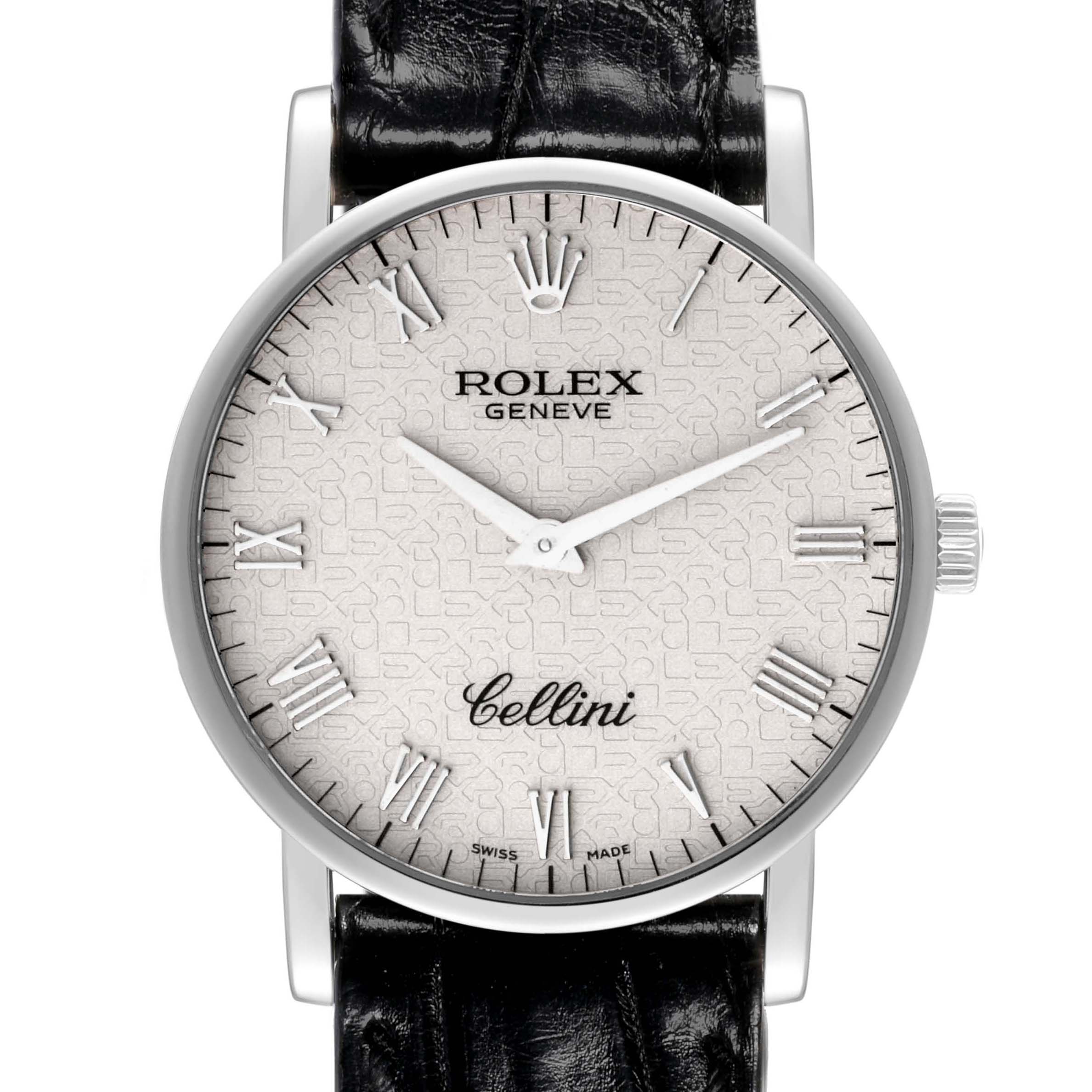 The Rolex Cellini 5115/9 Men's White Gold Silver Dial 5115/9 Men's White Gold Silver Dial watch is shown front-on, displaying its face, Roman numerals, and the leather strap.