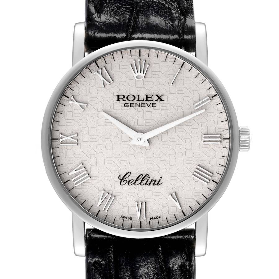 The Rolex Cellini watch is shown front-on, displaying its face, Roman numerals, and the leather strap.