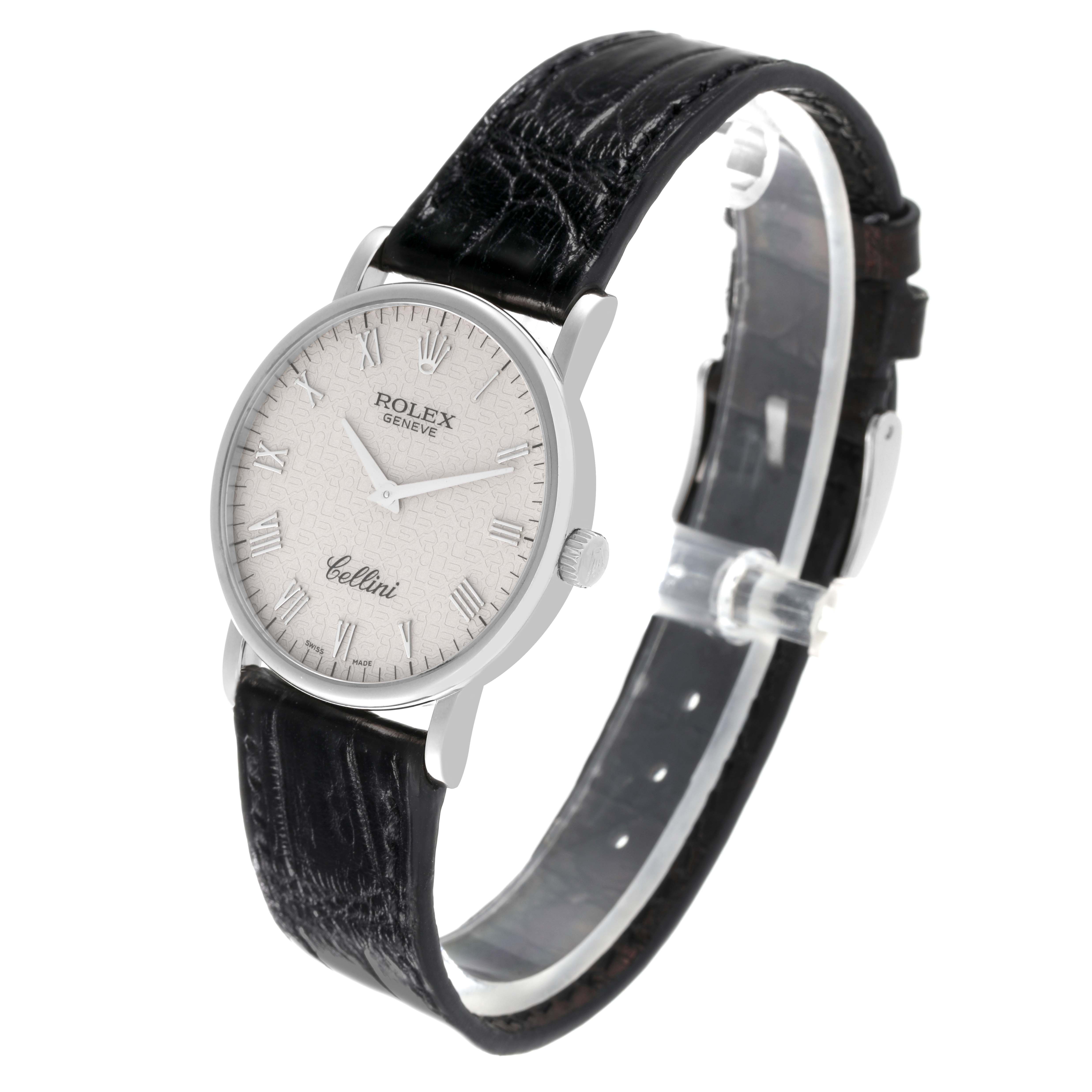 The Rolex Cellini 5115/9 Men's White Gold Silver Dial 5115/9 Men's White Gold Silver Dial watch is shown at a three-quarter angle, displaying the face, crown, and black leather strap.