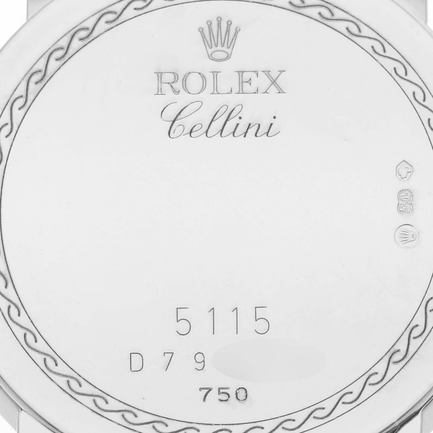 This is a close-up of the back of a Rolex Cellini 5115/9 Men's White Gold Silver Dial 5115/9 Men's White Gold Silver Dial model watch, showing the brand engraving and hallmark details.