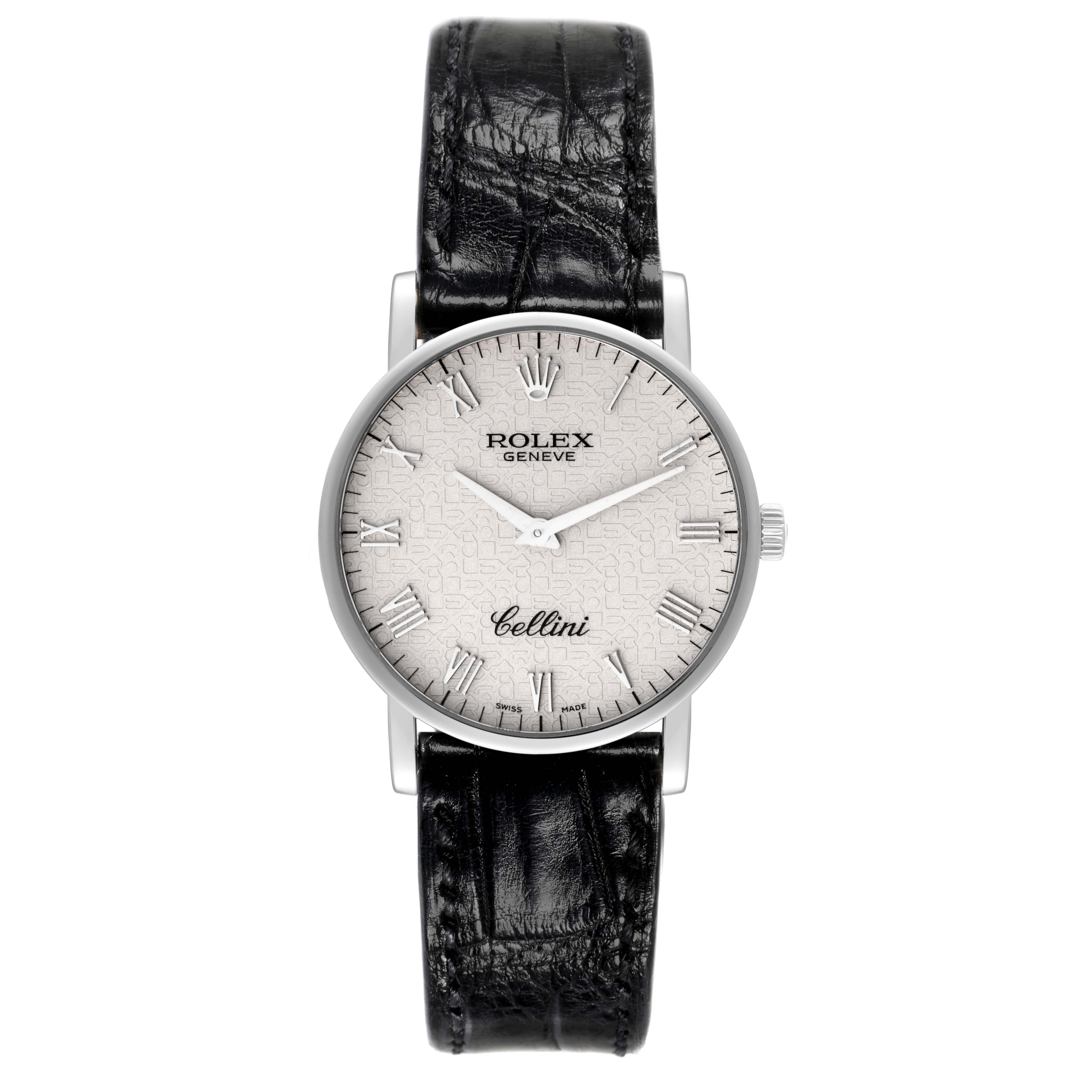 The Rolex Cellini 5115/9 Men's White Gold Silver Dial 5115/9 Men's White Gold Silver Dial watch is shown from the front, displaying the dial, bezel, and leather strap.