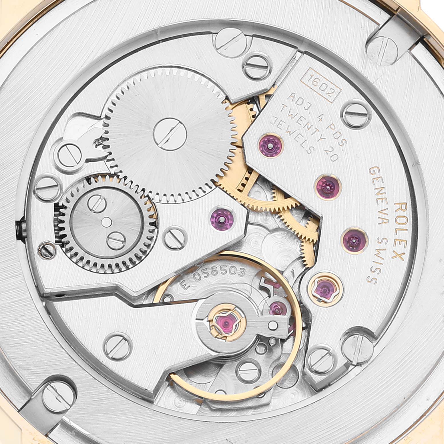 This image shows a detailed view of the movement mechanism of a Rolex Cellini 5115 Men's Yellow Gold Beige Dial 5115 Men's Yellow Gold Beige Dial watch from the back.