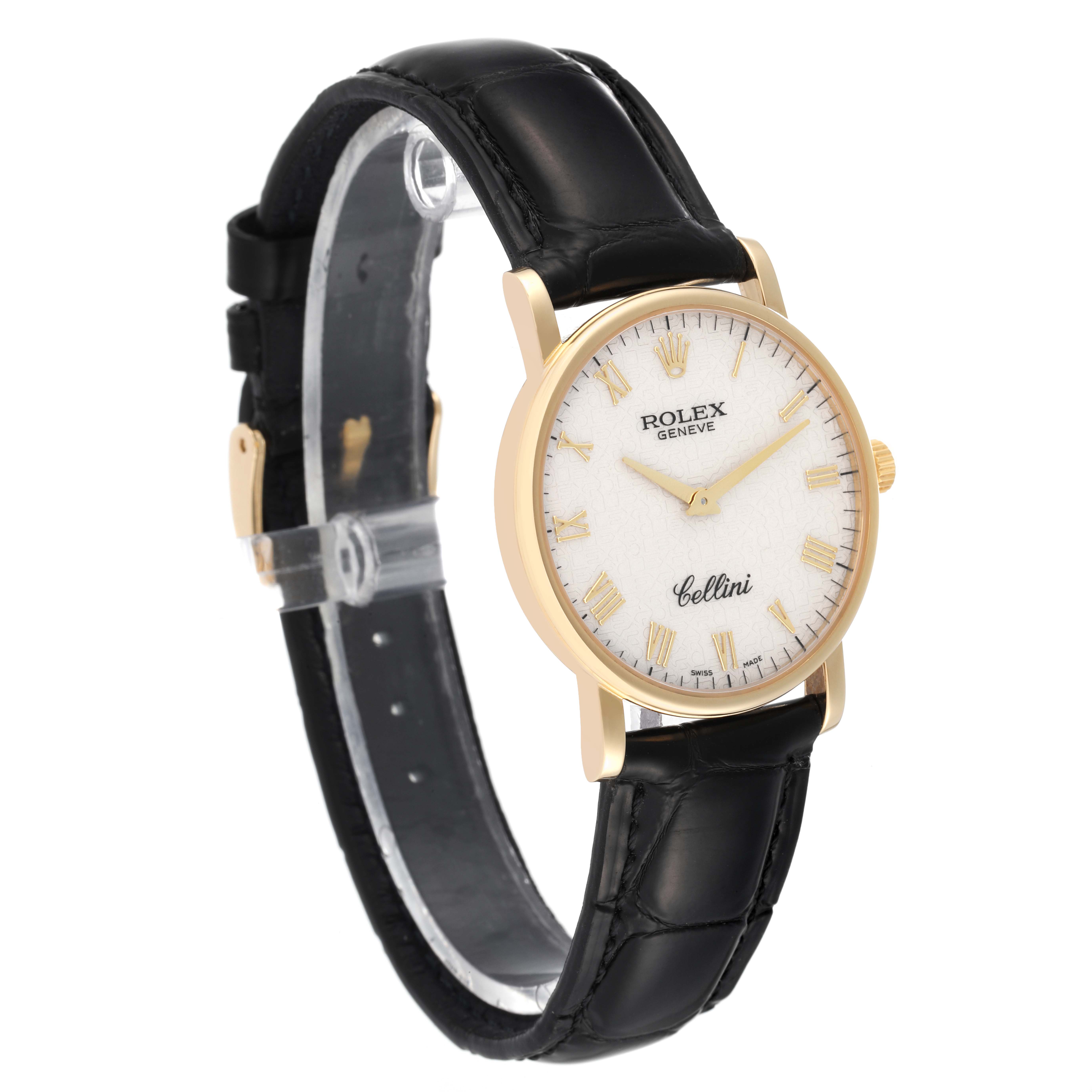 The image shows a side angle of a Rolex Cellini 5115 Men's Yellow Gold Beige Dial 5115 Men's Yellow Gold Beige Dial watch, highlighting the face, bezel, and black leather strap.