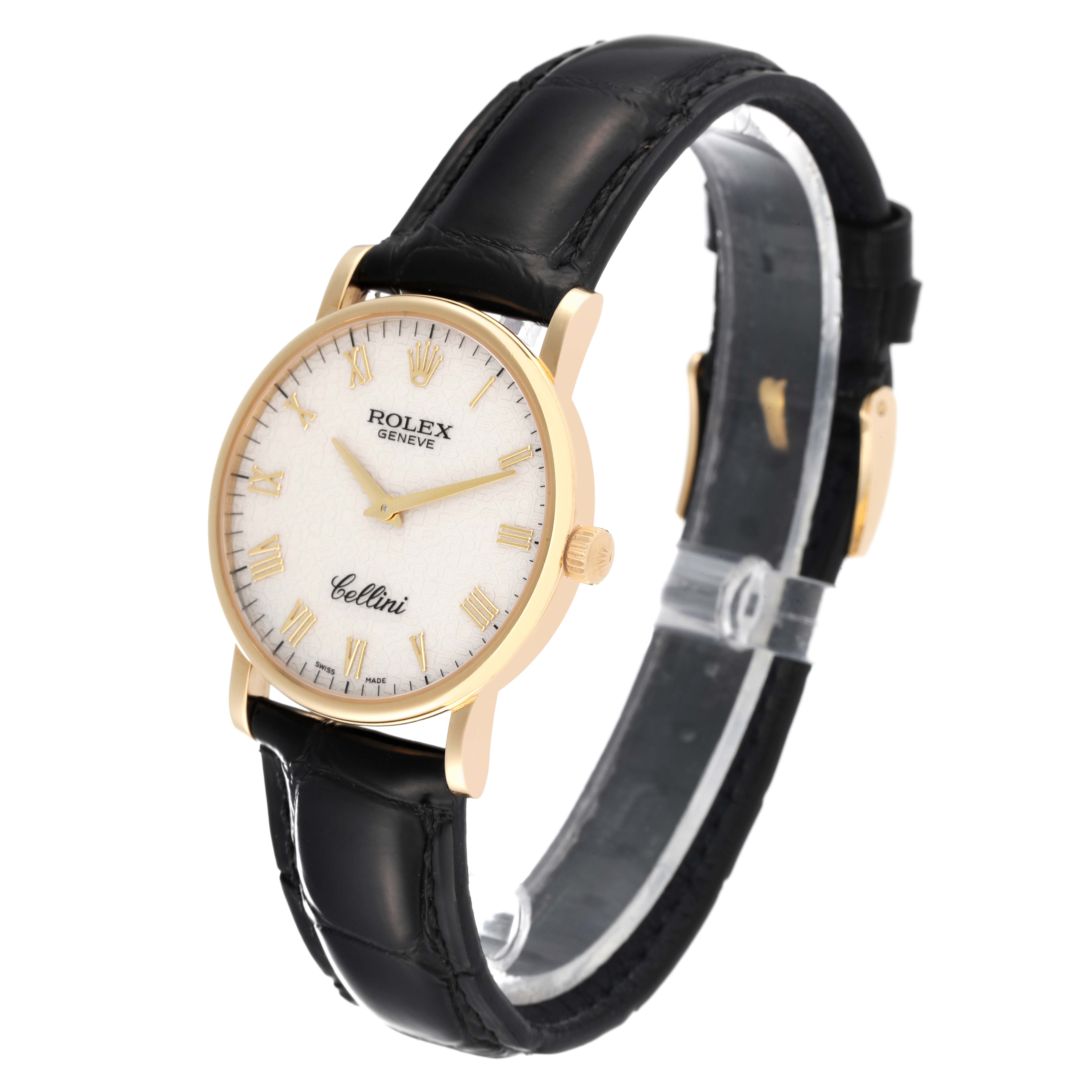 This image shows a Rolex Cellini 5115 Men's Yellow Gold Beige Dial 5115 Men's Yellow Gold Beige Dial watch from a slightly tilted side view, highlighting the face, leather strap, and gold case.