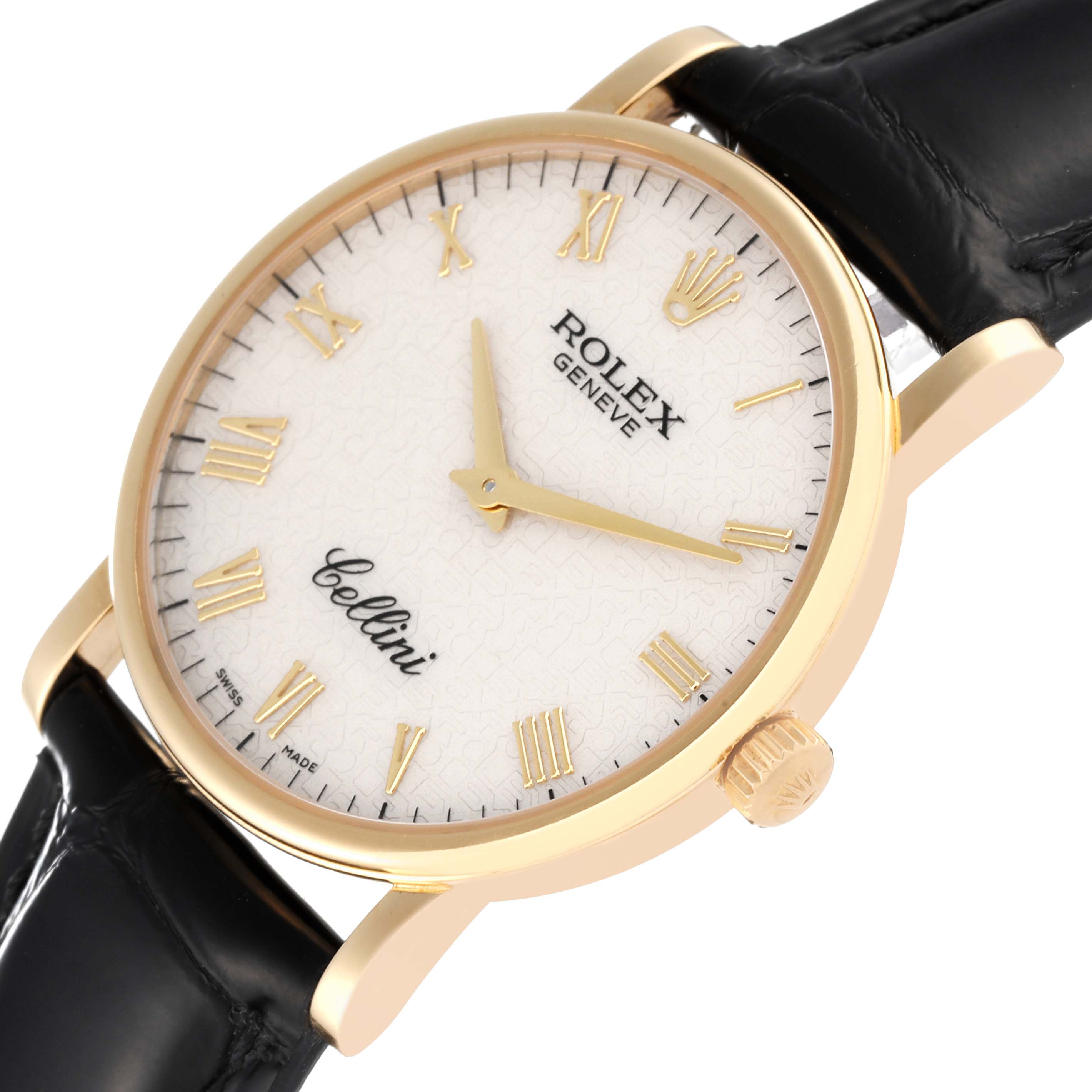 This Rolex Cellini 5115 Men's Yellow Gold Beige Dial 5115 Men's Yellow Gold Beige Dial watch image shows the face, hands, crown, and leather strap from an angled front view.