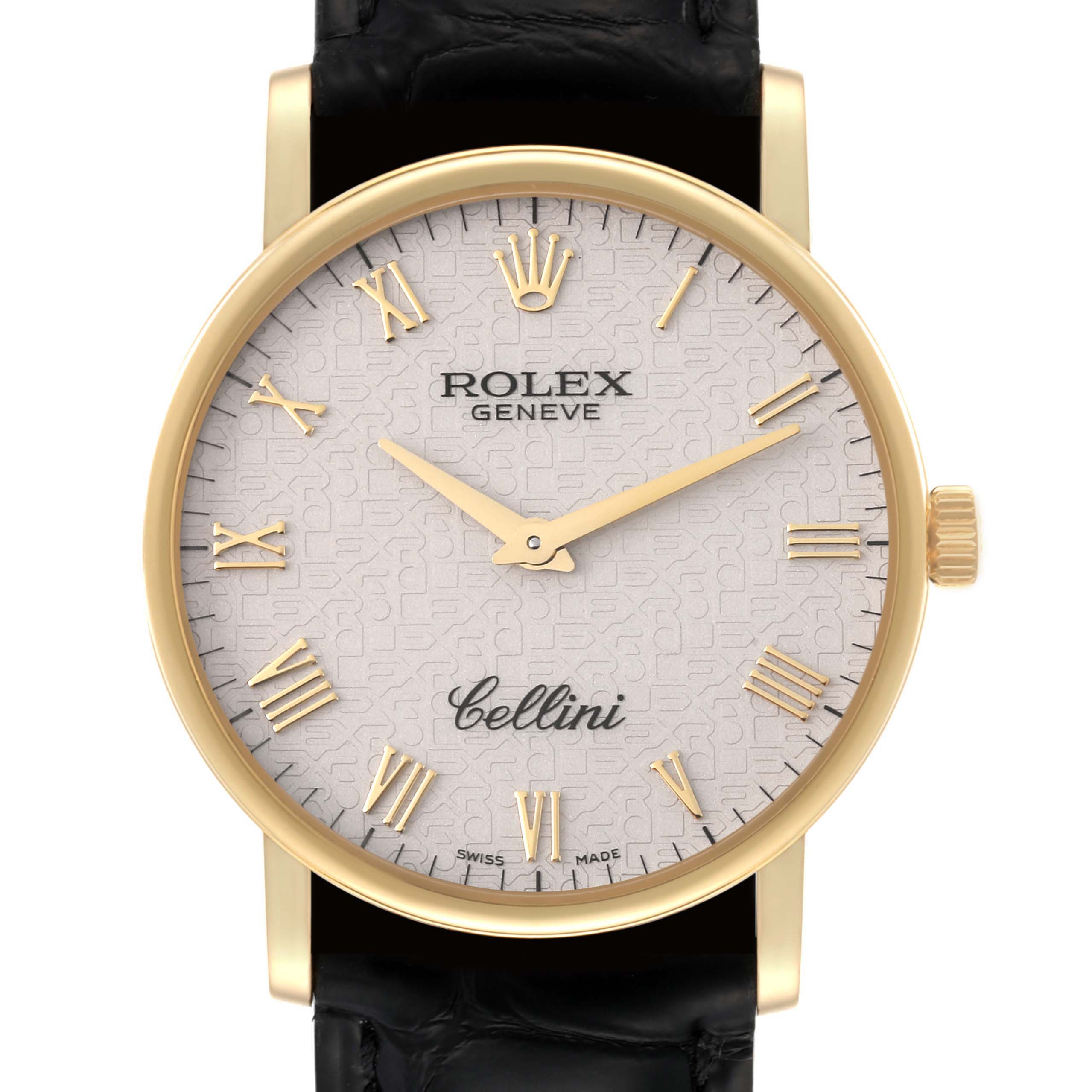 This image shows a front view of the Rolex Cellini 5115 Men's Yellow Gold Beige Dial 5115 Men's Yellow Gold Beige Dial watch, highlighting its dial, hands, and crown.
