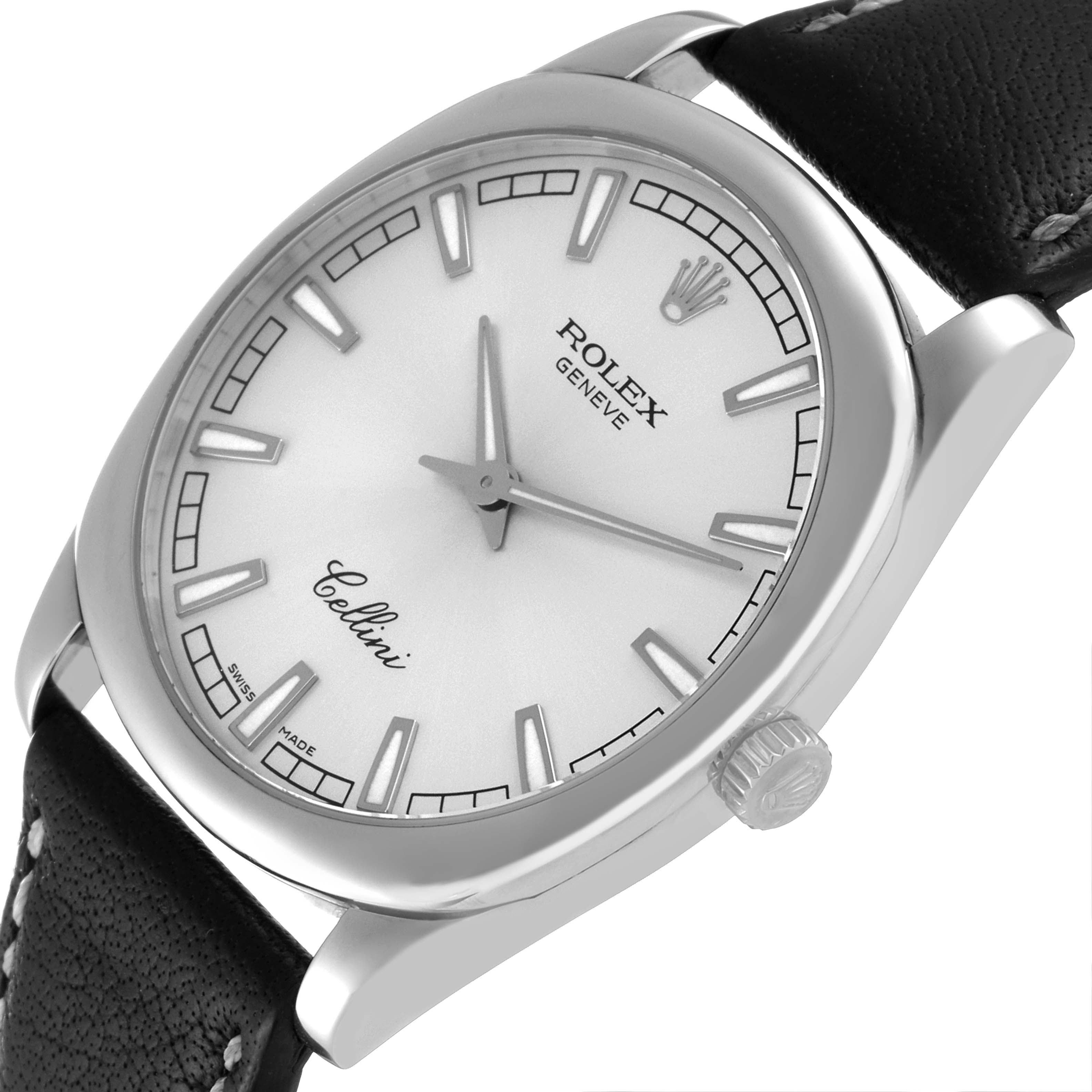 The image shows a tilted top-down angle of a Rolex Cellini 4243 Men
s Stainless Steel Silver Dial 4243 Men
s Stainless Steel Silver Dial watch featuring its face, markers, bezel, and part of the leather band.