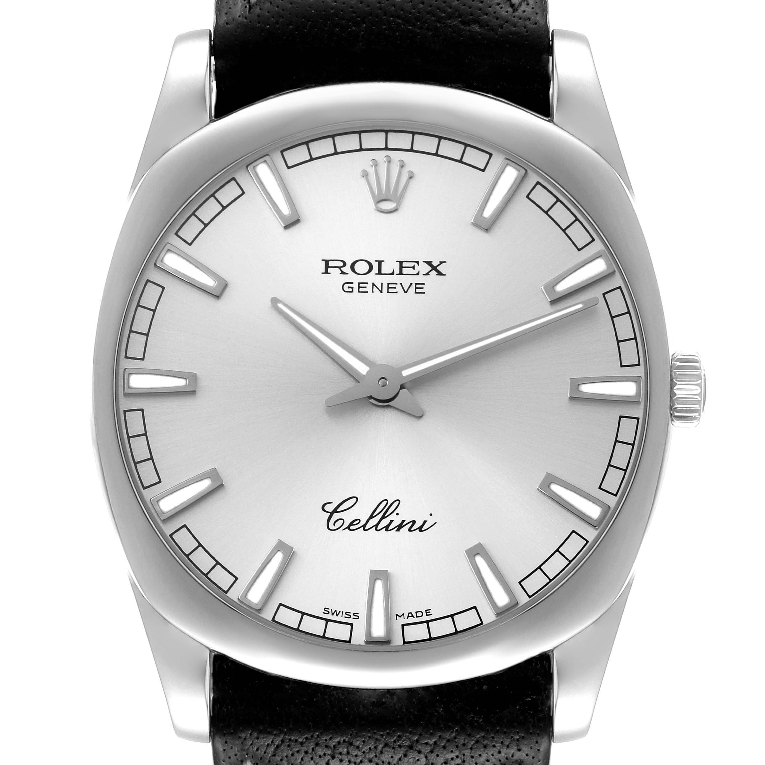 The image shows a front view of a Rolex Cellini 4243 Men
s Stainless Steel Silver Dial 4243 Men
s Stainless Steel Silver Dial watch, displaying its dial, hour markers, hands, and crown.