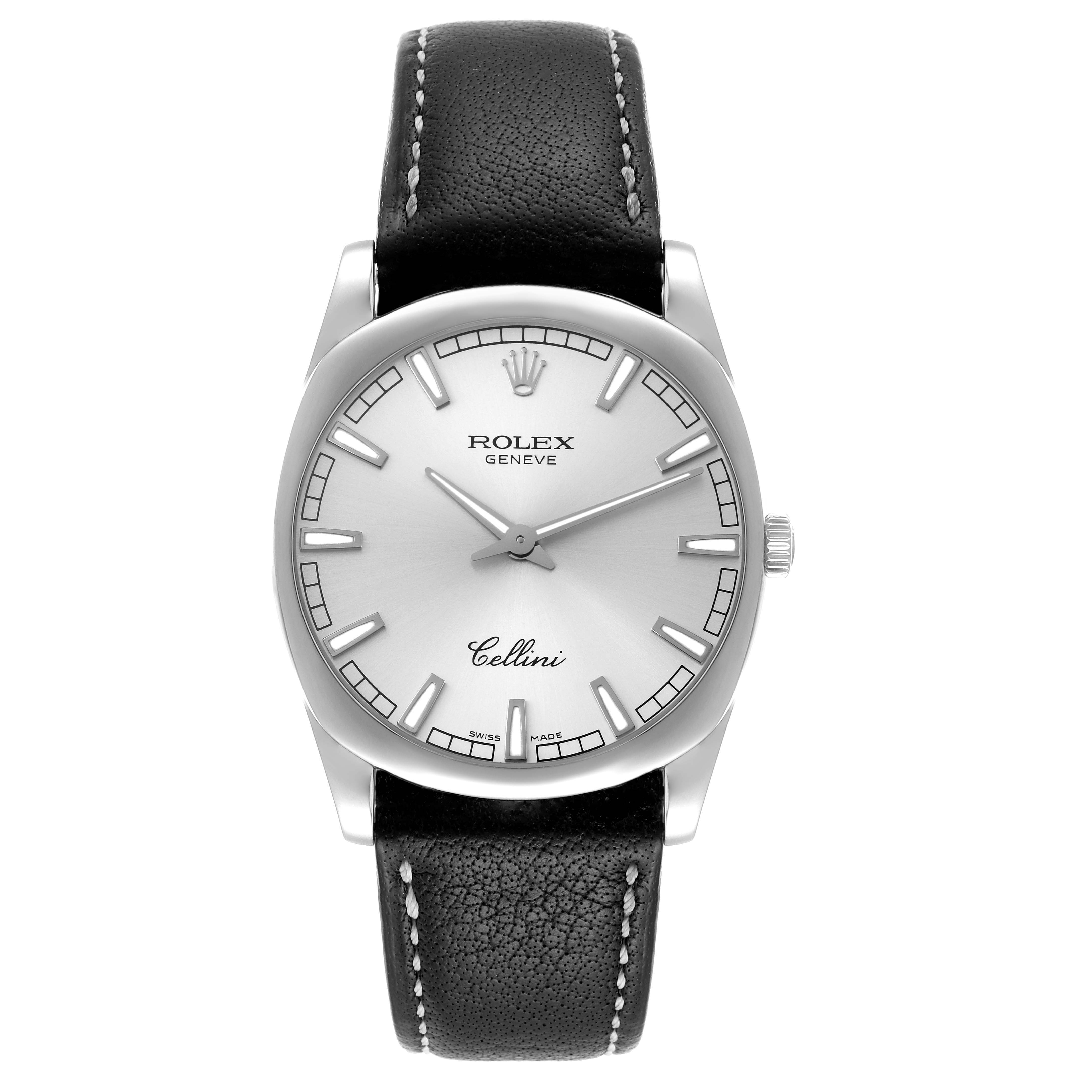 The Rolex Cellini 4243 Men
s Stainless Steel Silver Dial 4243 Men
s Stainless Steel Silver Dial watch is shown from a top view, displaying its face, case, and black leather strap.