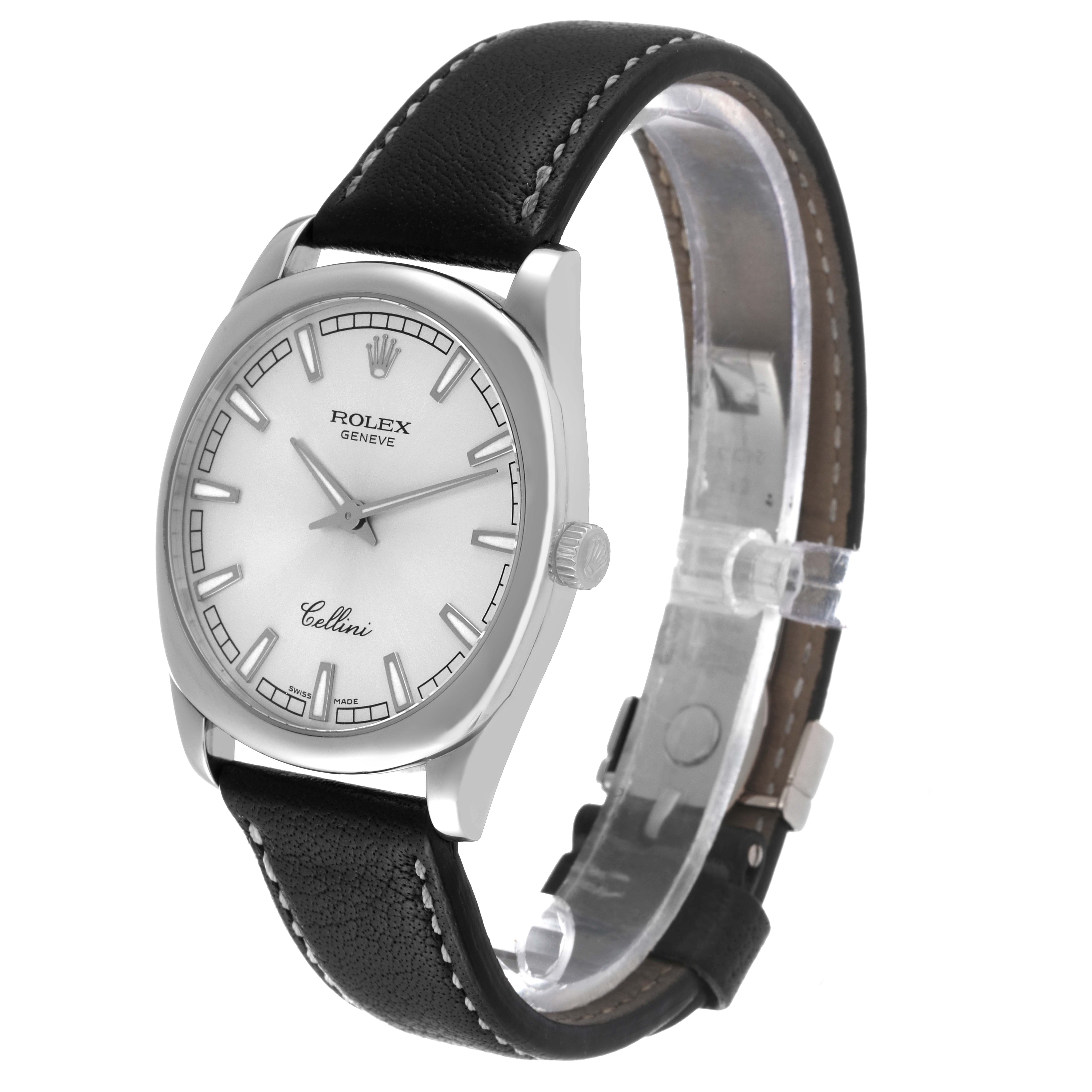 The Rolex Cellini 4243 Men
s Stainless Steel Silver Dial 4243 Men
s Stainless Steel Silver Dial watch is shown at an oblique angle, displaying its face, crown, case, and leather strap.