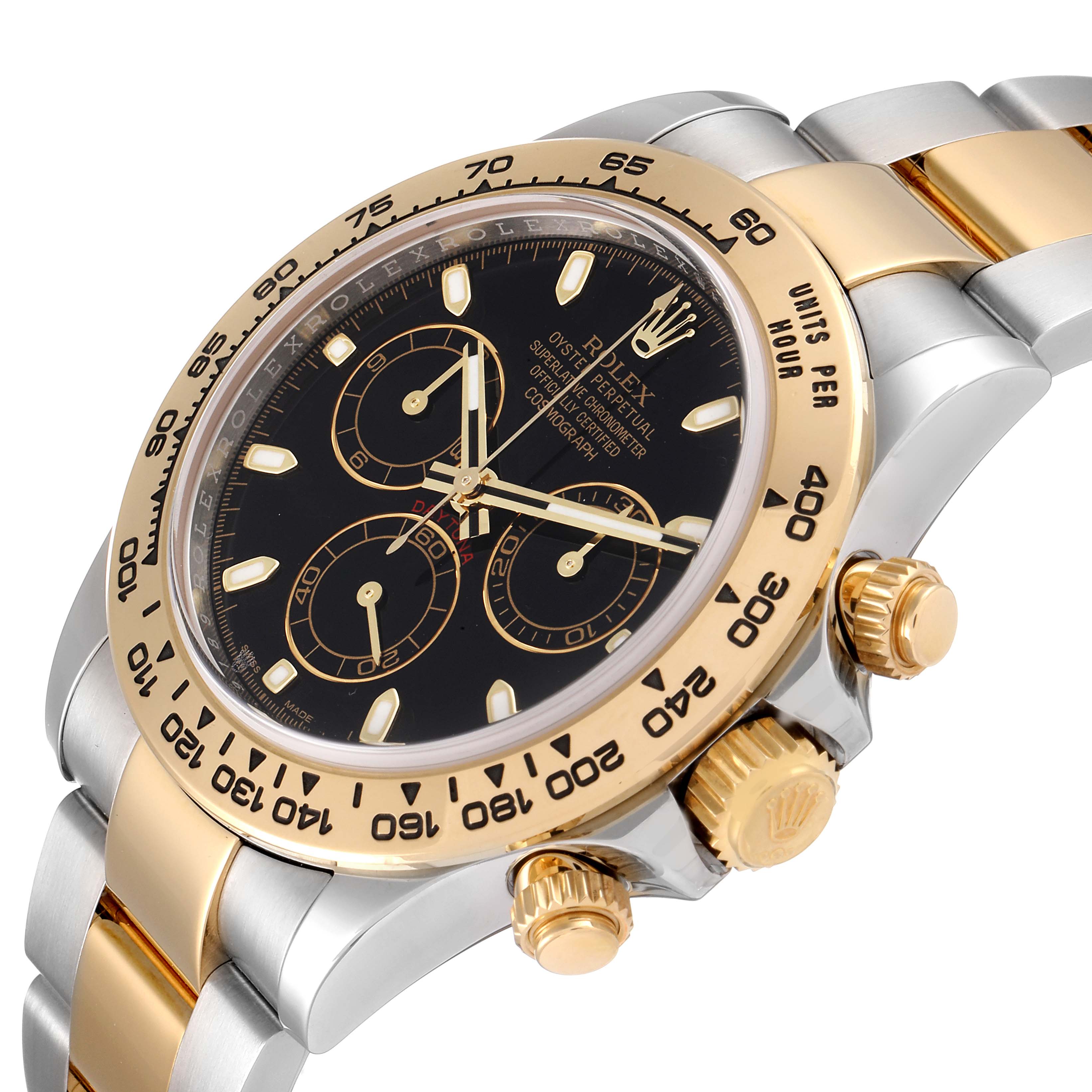 The image shows a close-up of the Rolex Daytona 116503 Men's Steel and Gold (two tone) Black Dial 116503 Men's Steel and Gold (two tone) Black Dial watch, highlighting its bezel, crown, chronograph buttons, and bracelet.