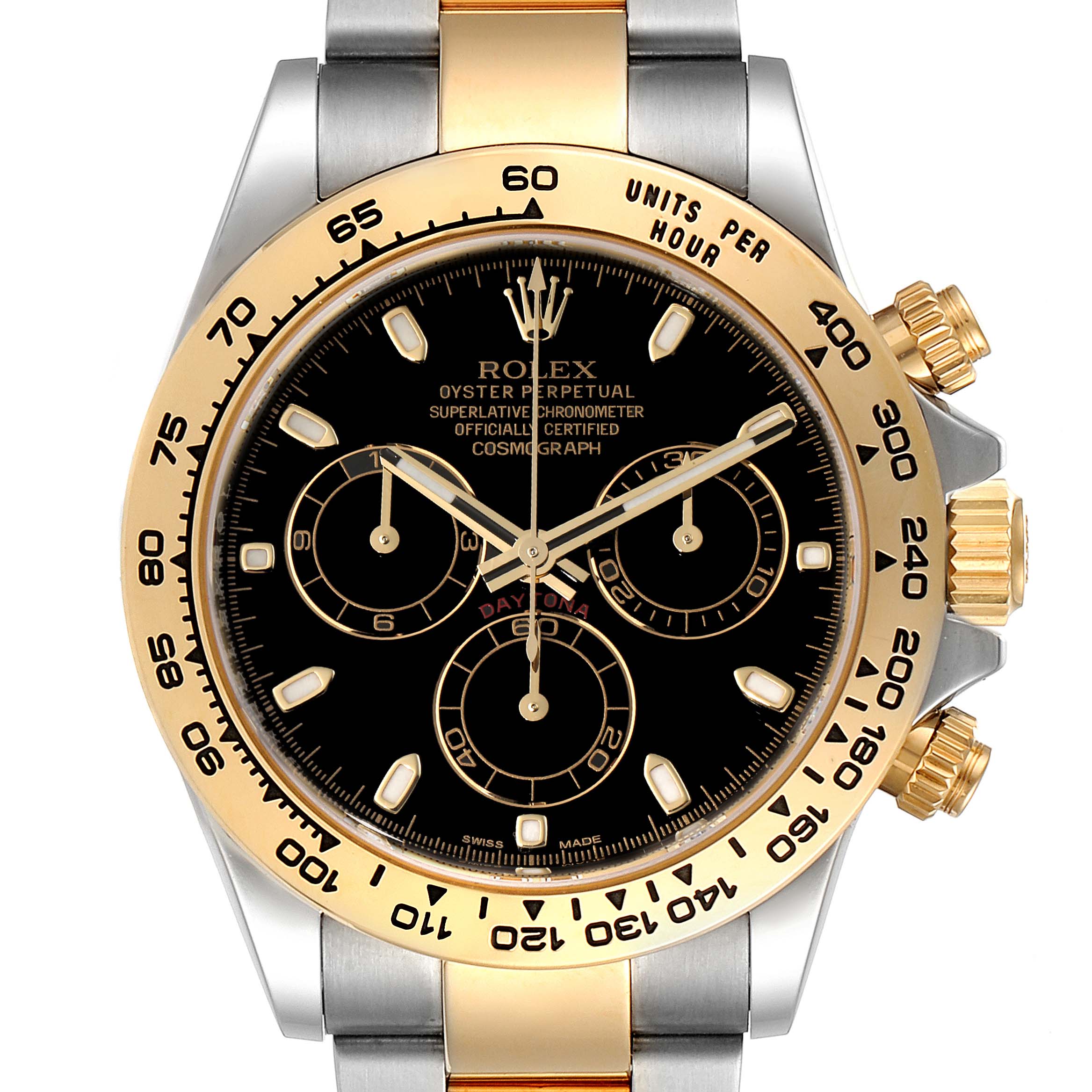 This image shows a front view of a Rolex Daytona 116503 Men's Steel and Gold (two tone) Black Dial 116503 Men's Steel and Gold (two tone) Black Dial watch, highlighting the dial, bezel, and part of the bracelet.