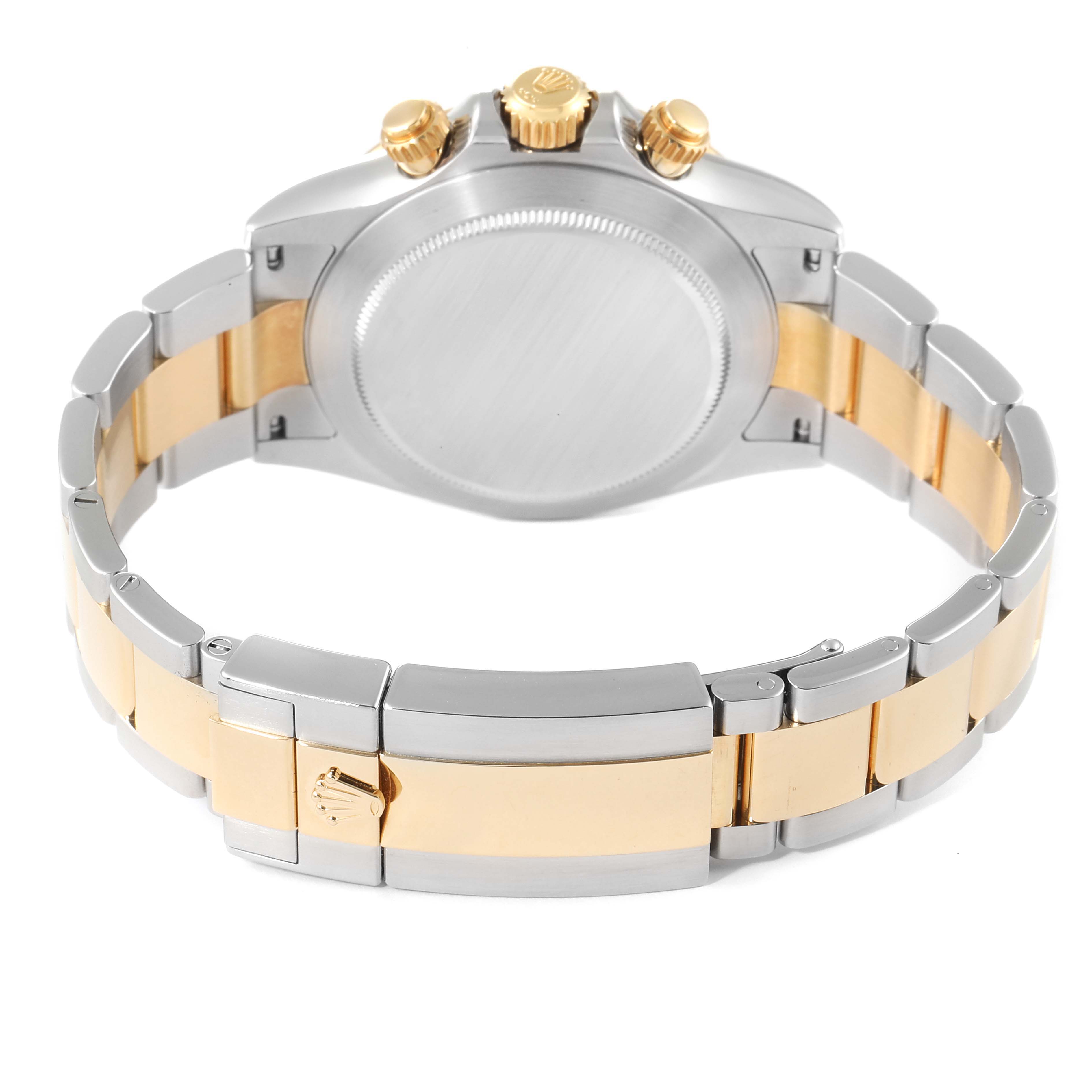 This image shows the case back, crown, and bracelet of a Rolex Daytona 116503 Men's Steel and Gold (two tone) Black Dial 116503 Men's Steel and Gold (two tone) Black Dial watch, viewed from the underside.