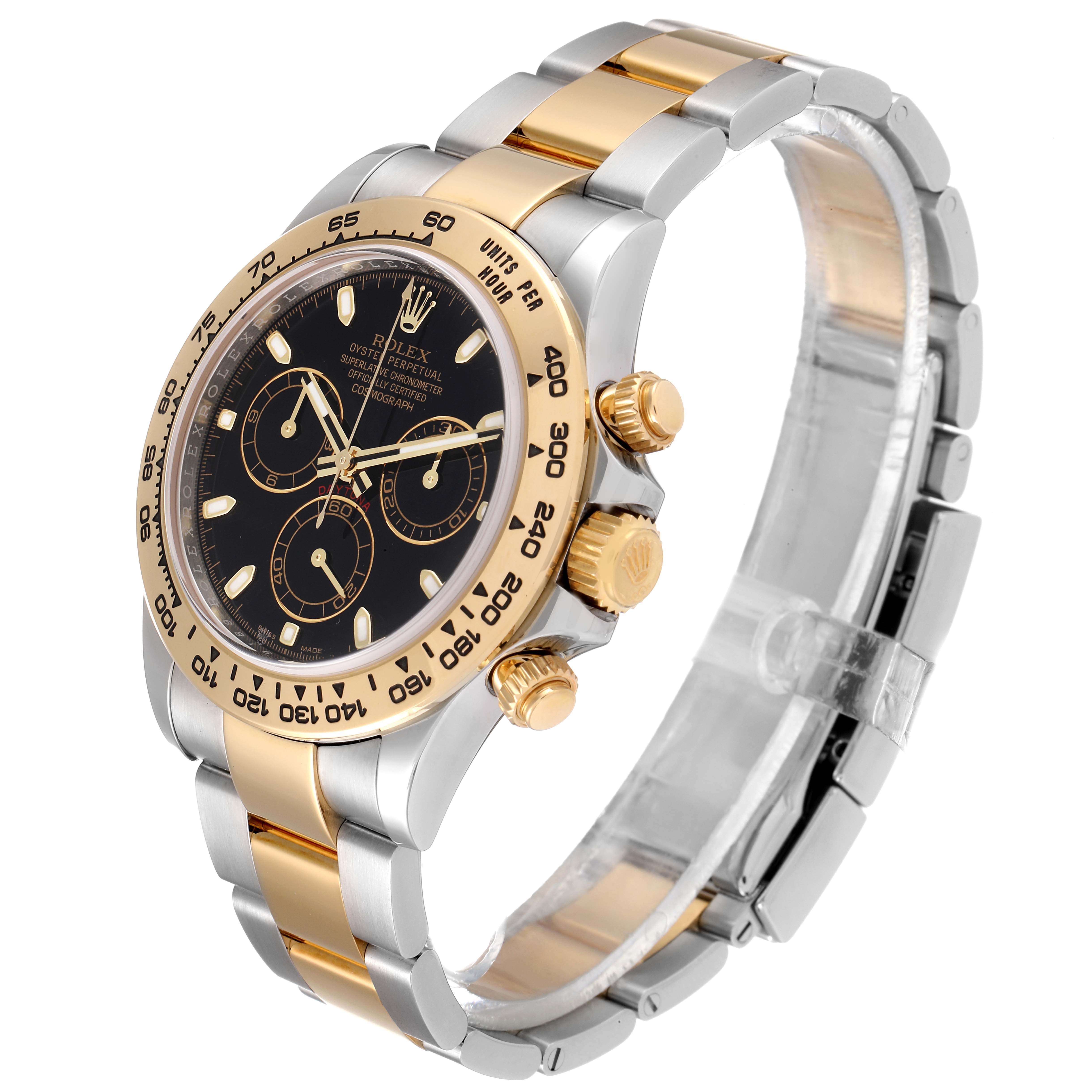 This image shows a three-quarter view of a Rolex Daytona 116503 Men's Steel and Gold (two tone) Black Dial 116503 Men's Steel and Gold (two tone) Black Dial watch, highlighting its gold and silver bracelet, black dial, and bezel.