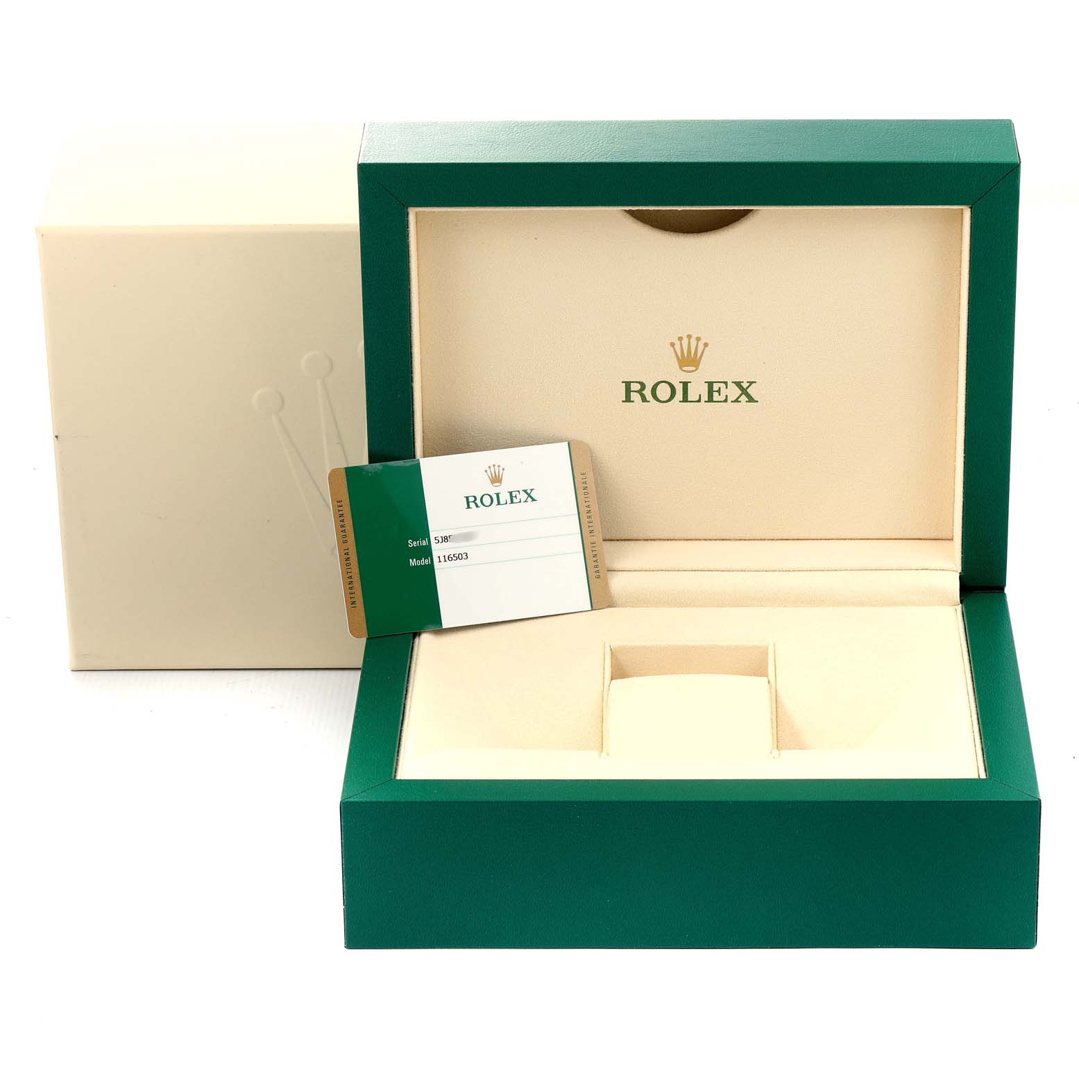 The image shows the packaging box and warranty card for a Rolex Daytona 116503 Men's Steel and Gold (two tone) Black Dial 116503 Men's Steel and Gold (two tone) Black Dial watch.