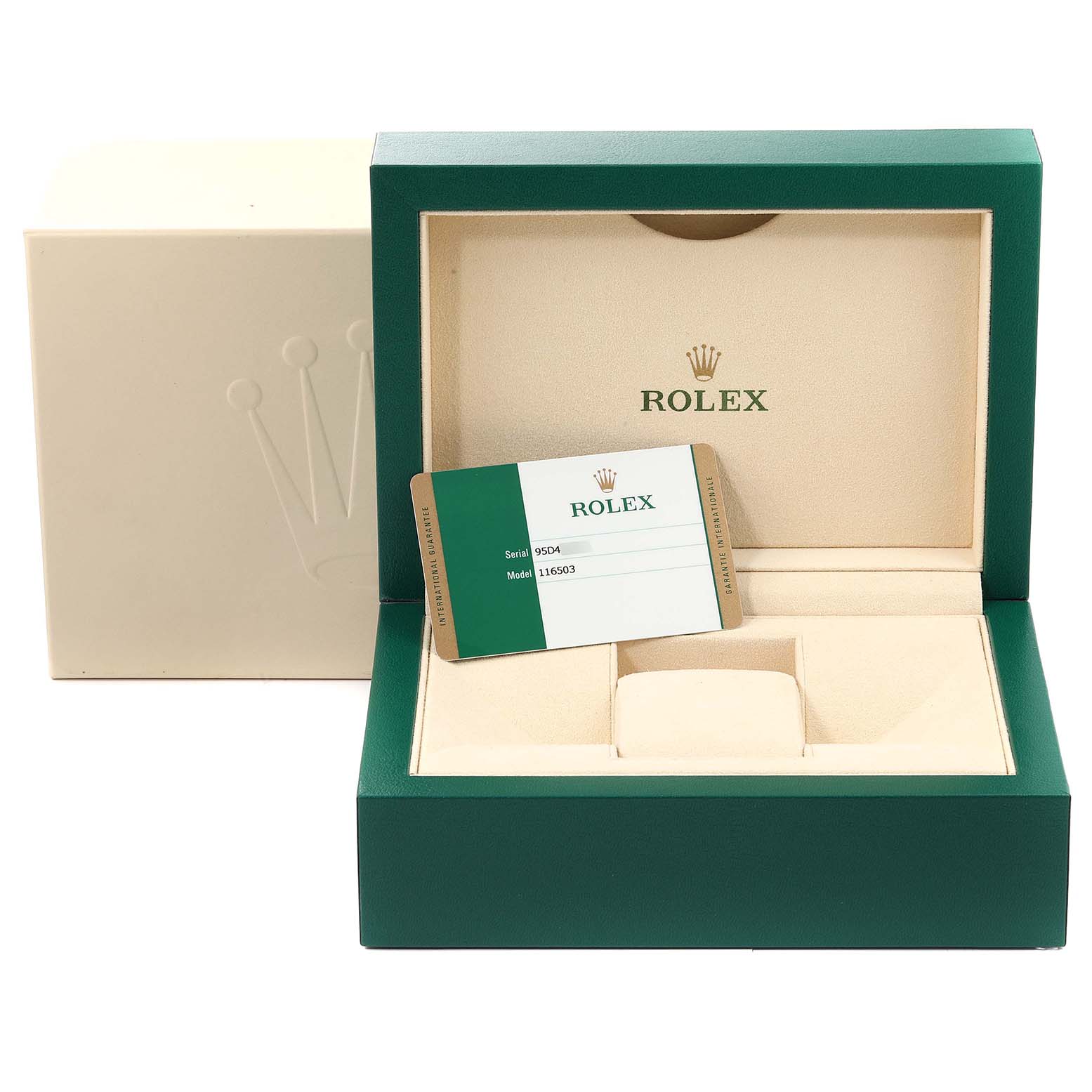 The image shows the Rolex Daytona 116503 Men's Steel and Gold (two tone) Black Dial 116503 Men's Steel and Gold (two tone) Black Dial watch packaging and warranty card from an angled front view.