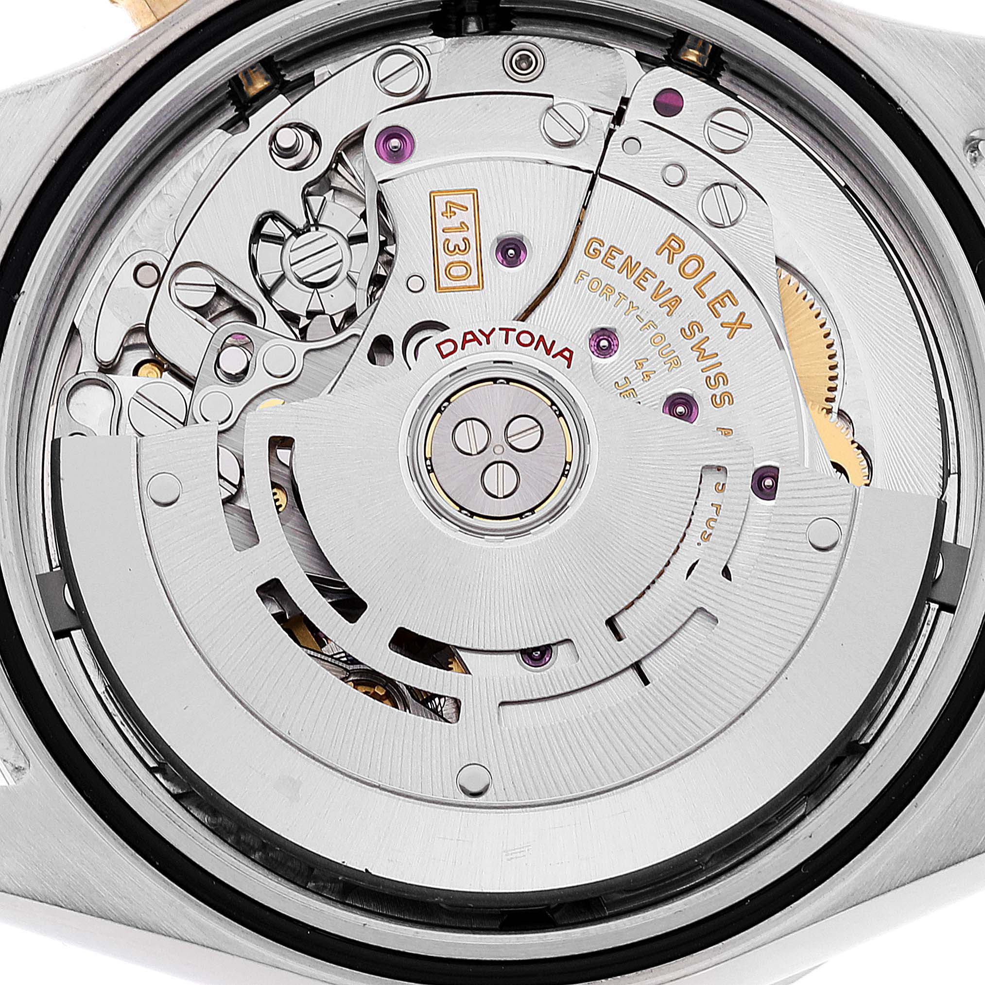 The image shows the movement and inner mechanics of a Rolex Daytona 116503 Men's Steel and Gold (two tone) Black Dial 116503 Men's Steel and Gold (two tone) Black Dial watch, viewed from the back.