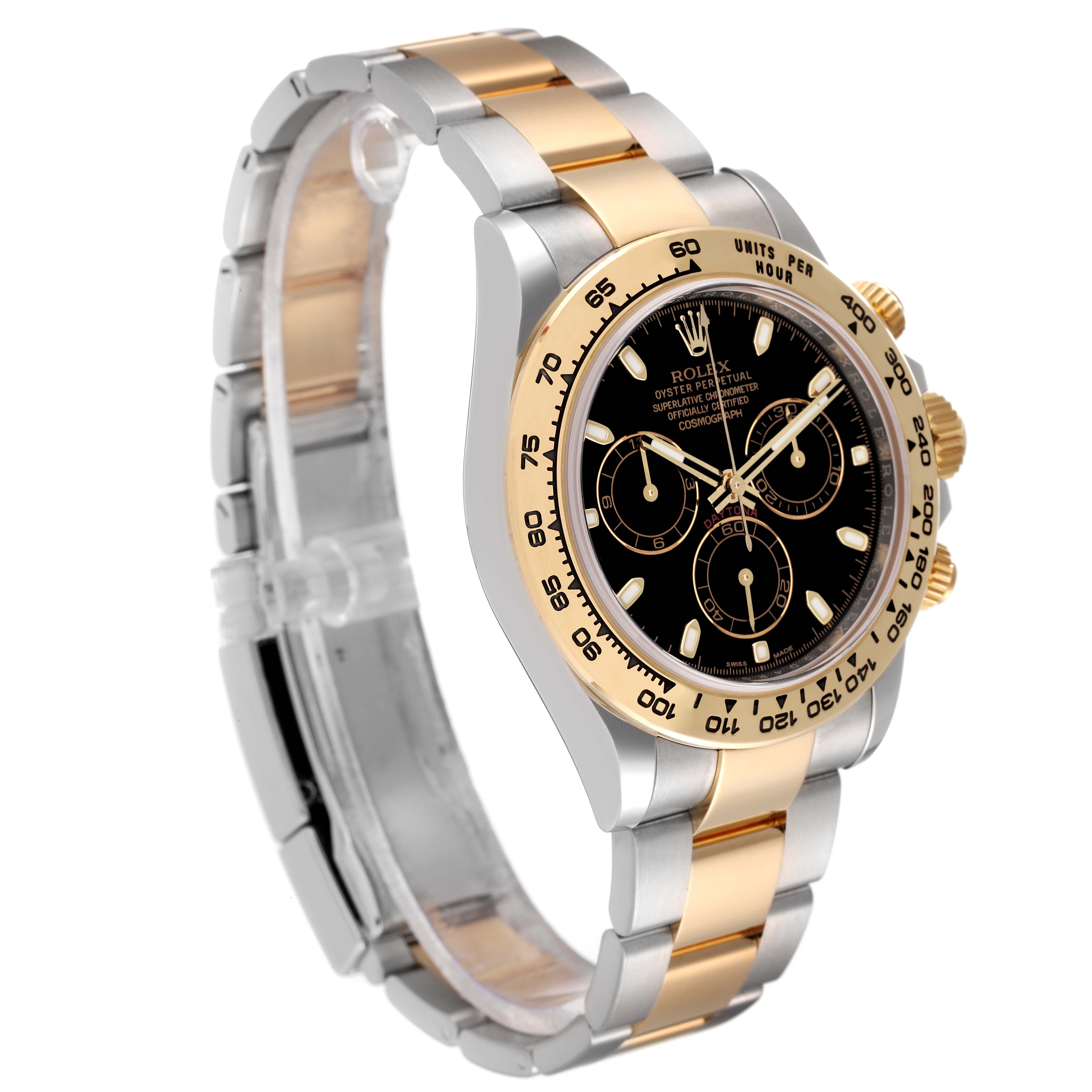 The Rolex Daytona 116503 Men's Steel and Gold (two tone) Black Dial 116503 Men's Steel and Gold (two tone) Black Dial watch is shown at a slight angle, highlighting its two-tone bracelet, black dial, and bezel.