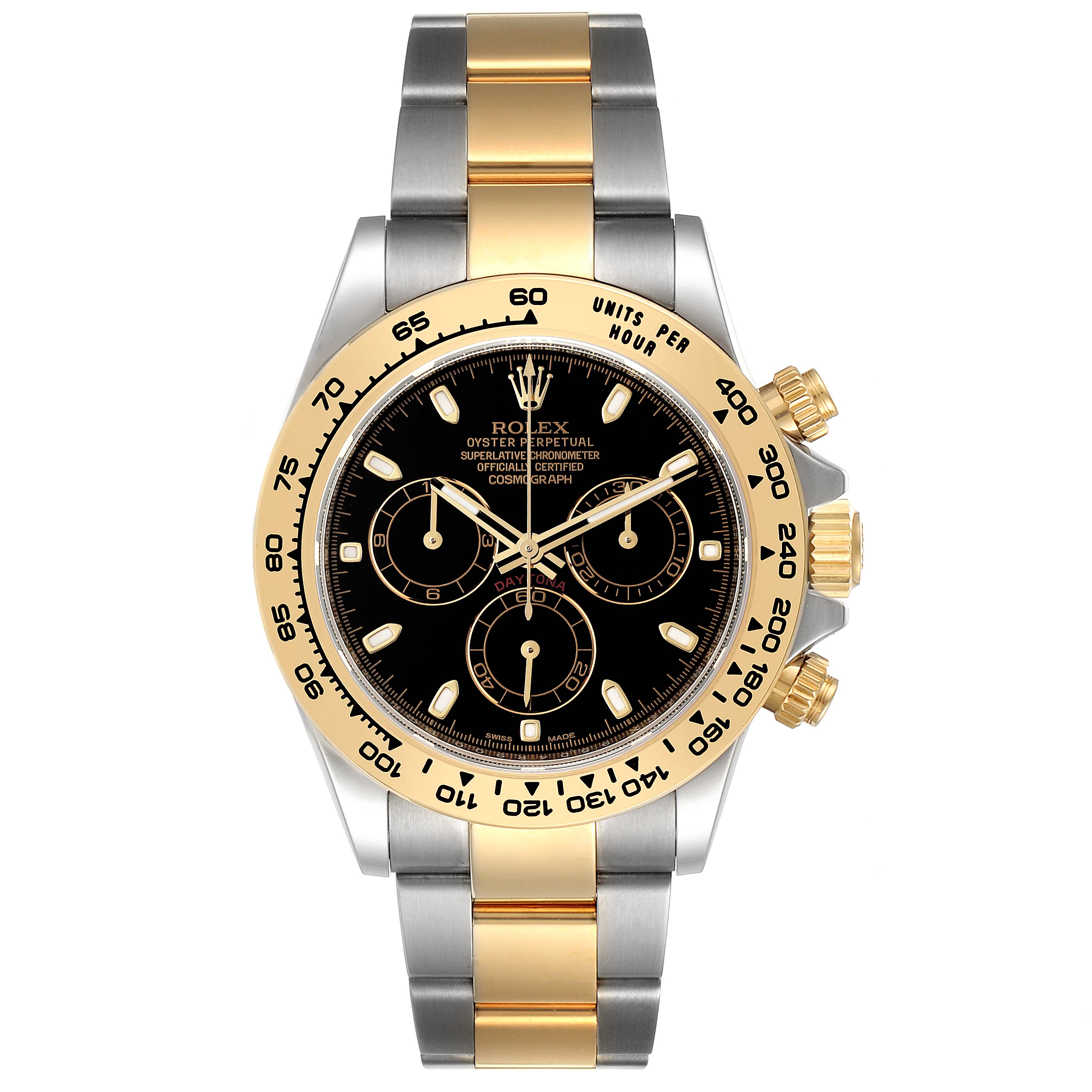 The image shows a frontal view of the Rolex Daytona 116503 Men's Steel and Gold (two tone) Black Dial 116503 Men's Steel and Gold (two tone) Black Dial watch, highlighting its dial, bezel, and bracelet.