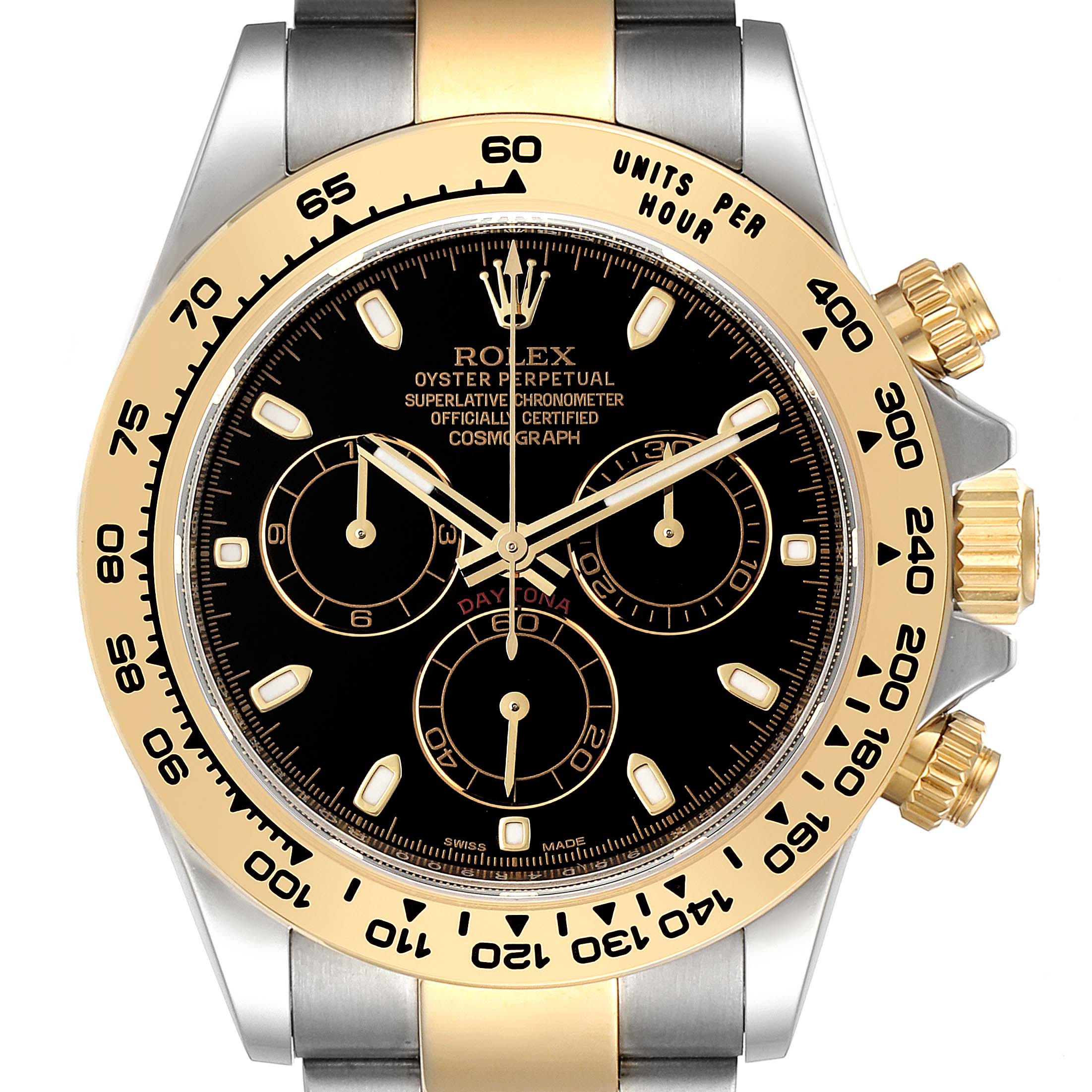The image shows a front view of a Rolex Daytona 116503 Men's Steel and Gold (two tone) Black Dial 116503 Men's Steel and Gold (two tone) Black Dial watch, highlighting its black dial, gold bezel, and chronograph subdials.