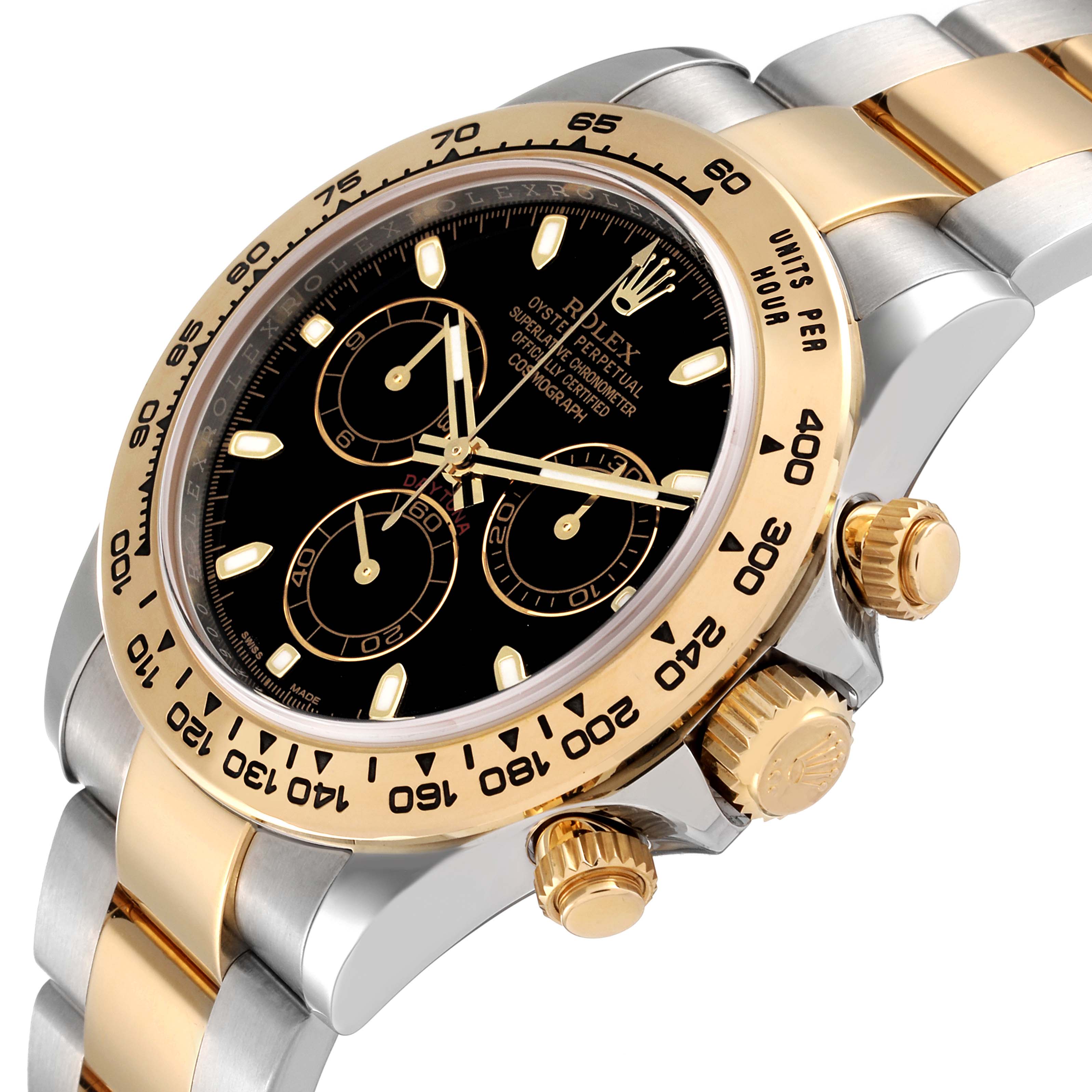 This image shows a close-up side angle of a Rolex Daytona 116503 Men's Steel and Gold (two tone) Black Dial 116503 Men's Steel and Gold (two tone) Black Dial watch, highlighting its bezel, crown, and bracelet.