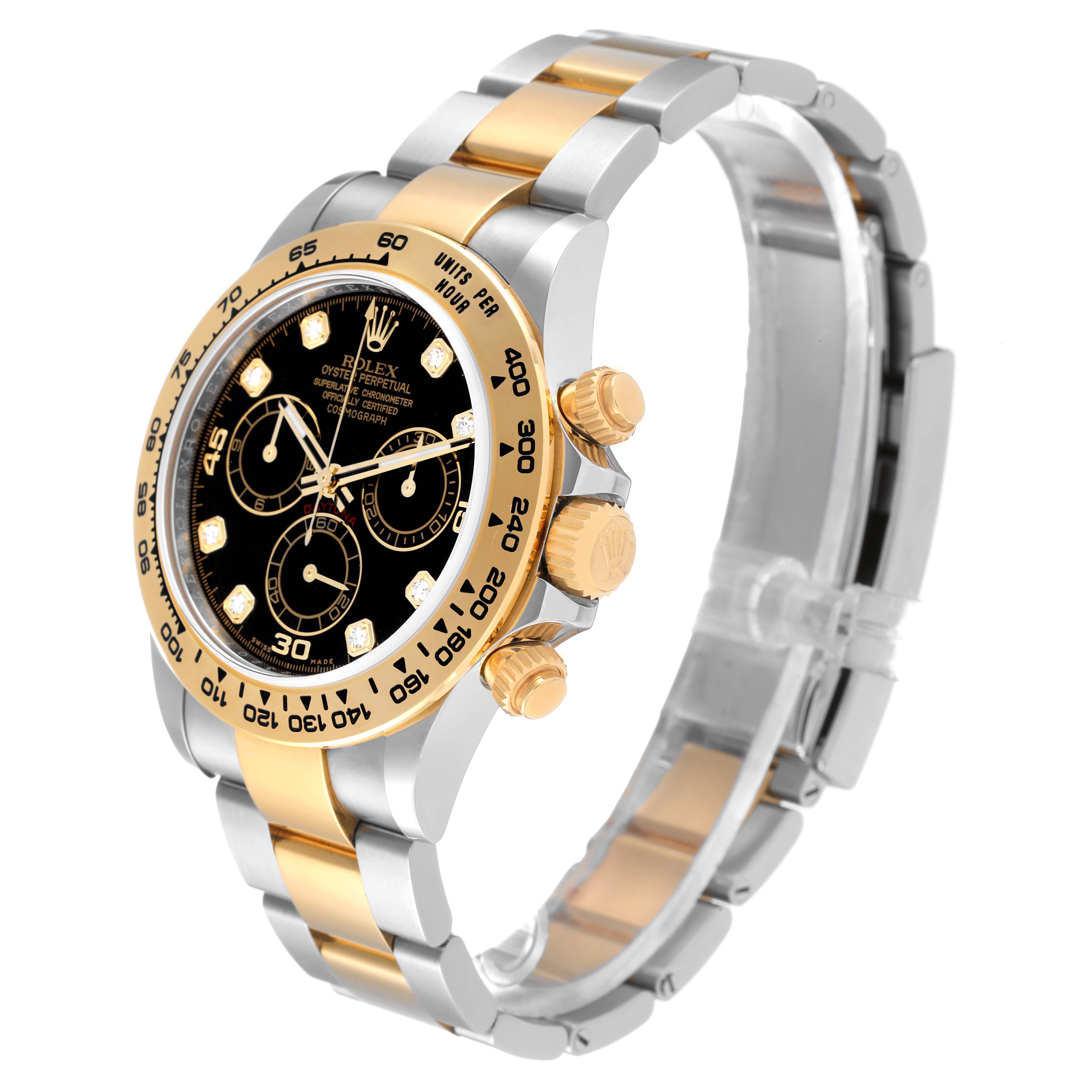The Rolex Daytona 116503 Men's Steel and Gold (two tone) Black Dial 116503 Men's Steel and Gold (two tone) Black Dial watch is shown at an angle displaying its face, bezel, crown, pushers, and two-tone bracelet.