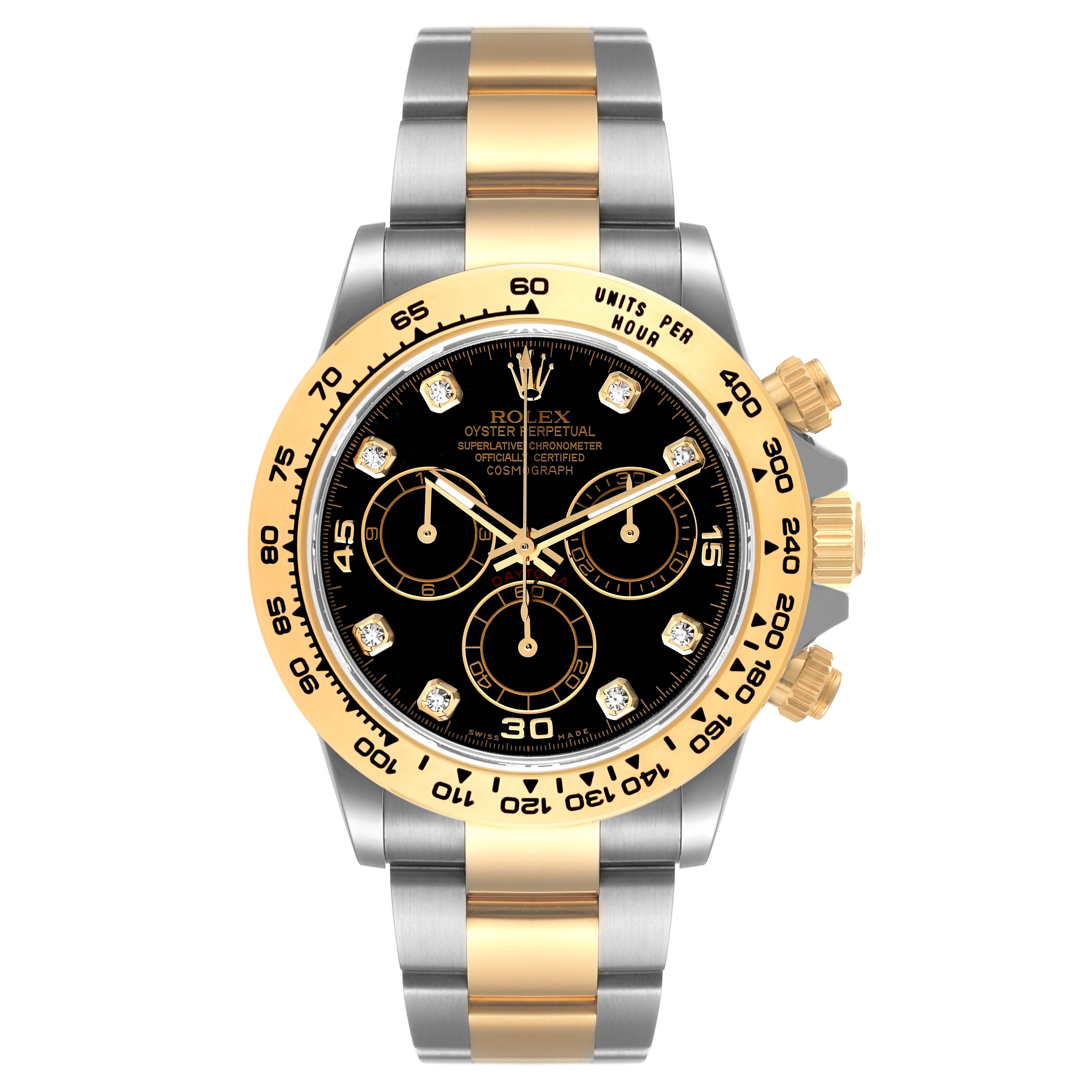 The image shows a Rolex Daytona 116503 Men's Steel and Gold (two tone) Black Dial 116503 Men's Steel and Gold (two tone) Black Dial model watch from the front, highlighting its black dial, gold bezel, and two-tone metal bracelet.