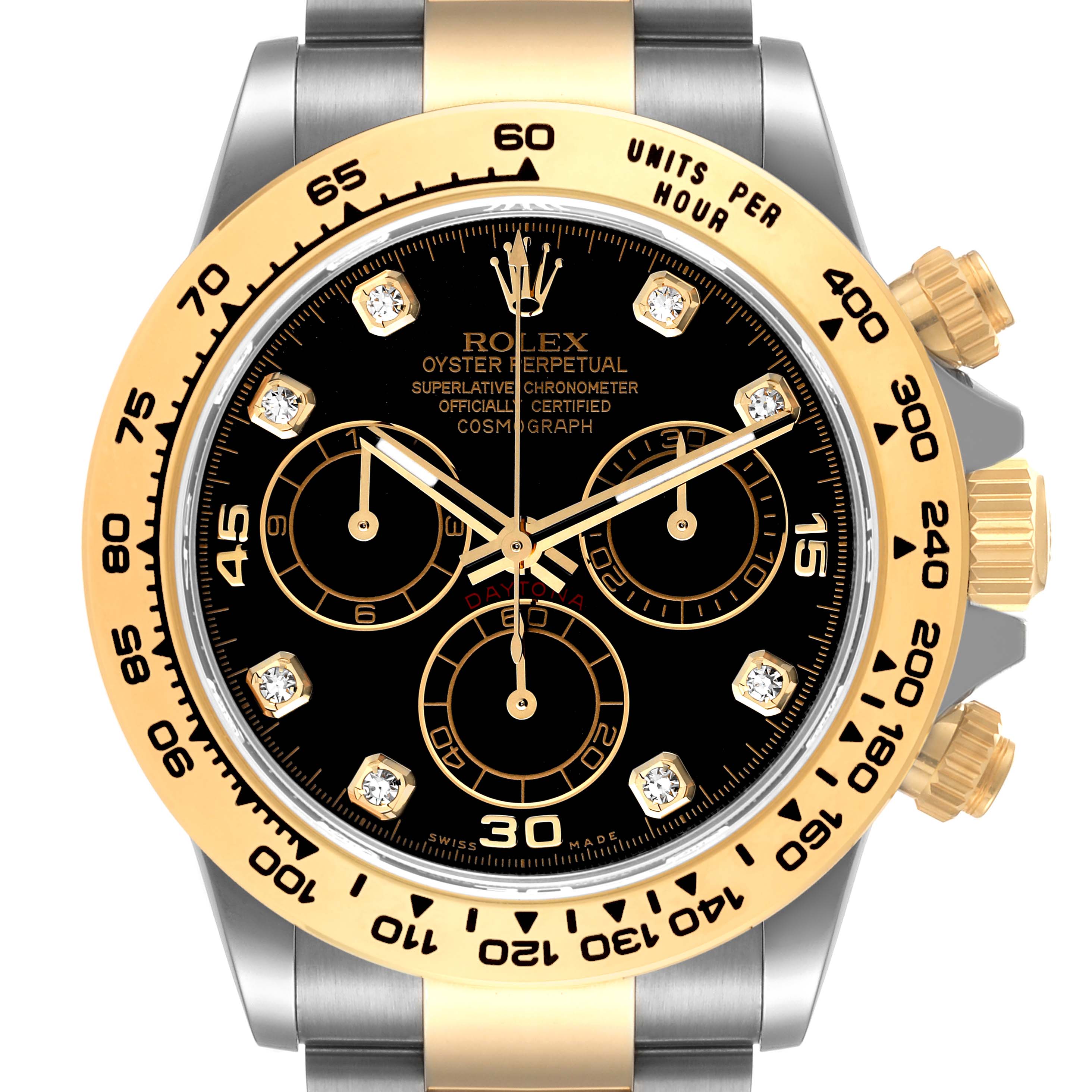 This image shows a frontal view of the Rolex Daytona 116503 Men's Steel and Gold (two tone) Black Dial 116503 Men's Steel and Gold (two tone) Black Dial watch, highlighting its bezel, dial, and chronograph subdials.