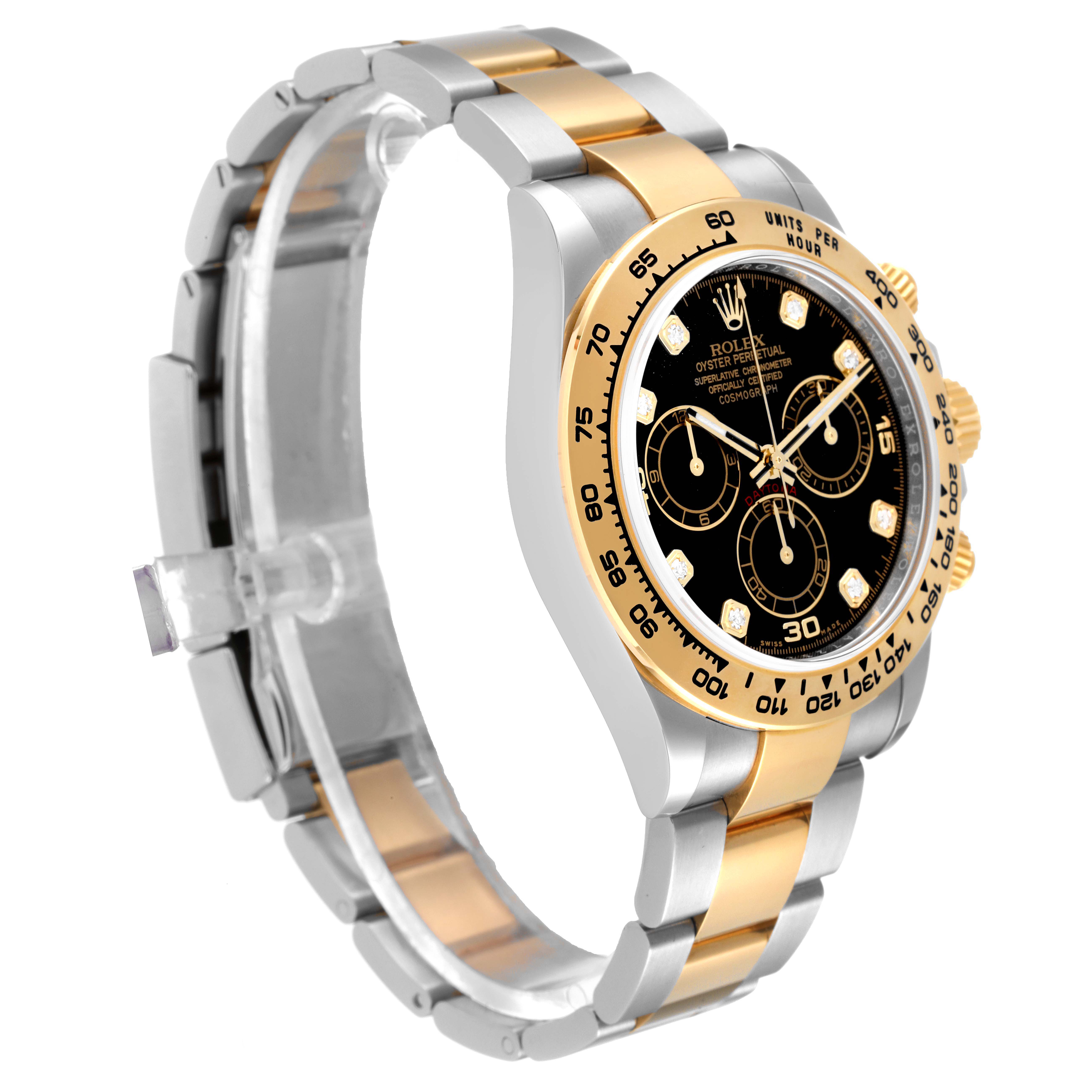 This Rolex Daytona 116503 Men's Steel and Gold (two tone) Black Dial 116503 Men's Steel and Gold (two tone) Black Dial watch is shown in a side angle, highlighting its bracelet, bezel, and dial.