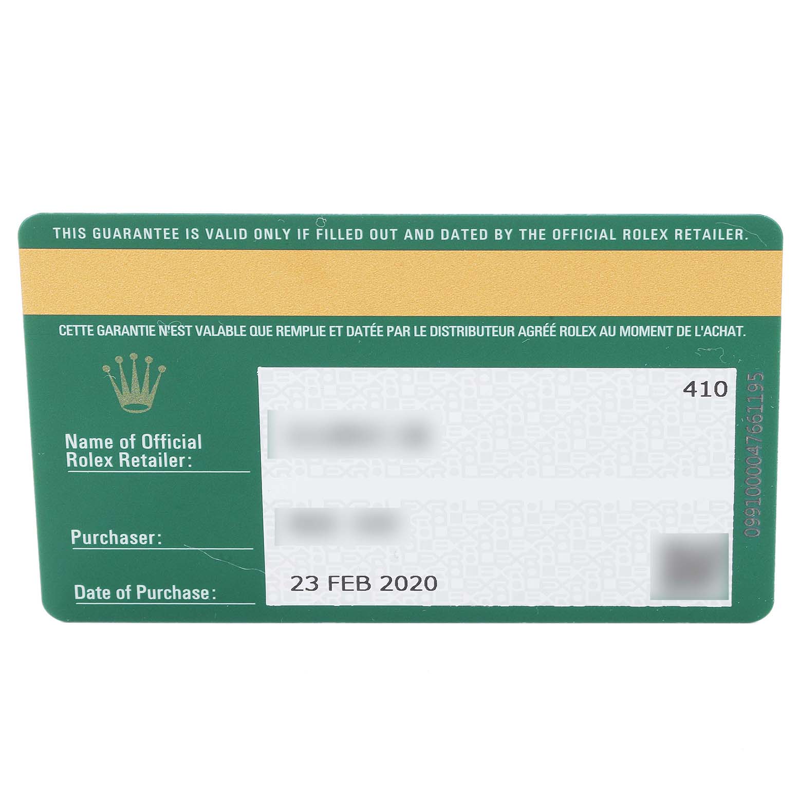 This image shows the warranty card for a Rolex Daytona 116503 Men's Steel and Gold (two tone) Black Dial 116503 Men's Steel and Gold (two tone) Black Dial watch with purchase details and official retailer information.