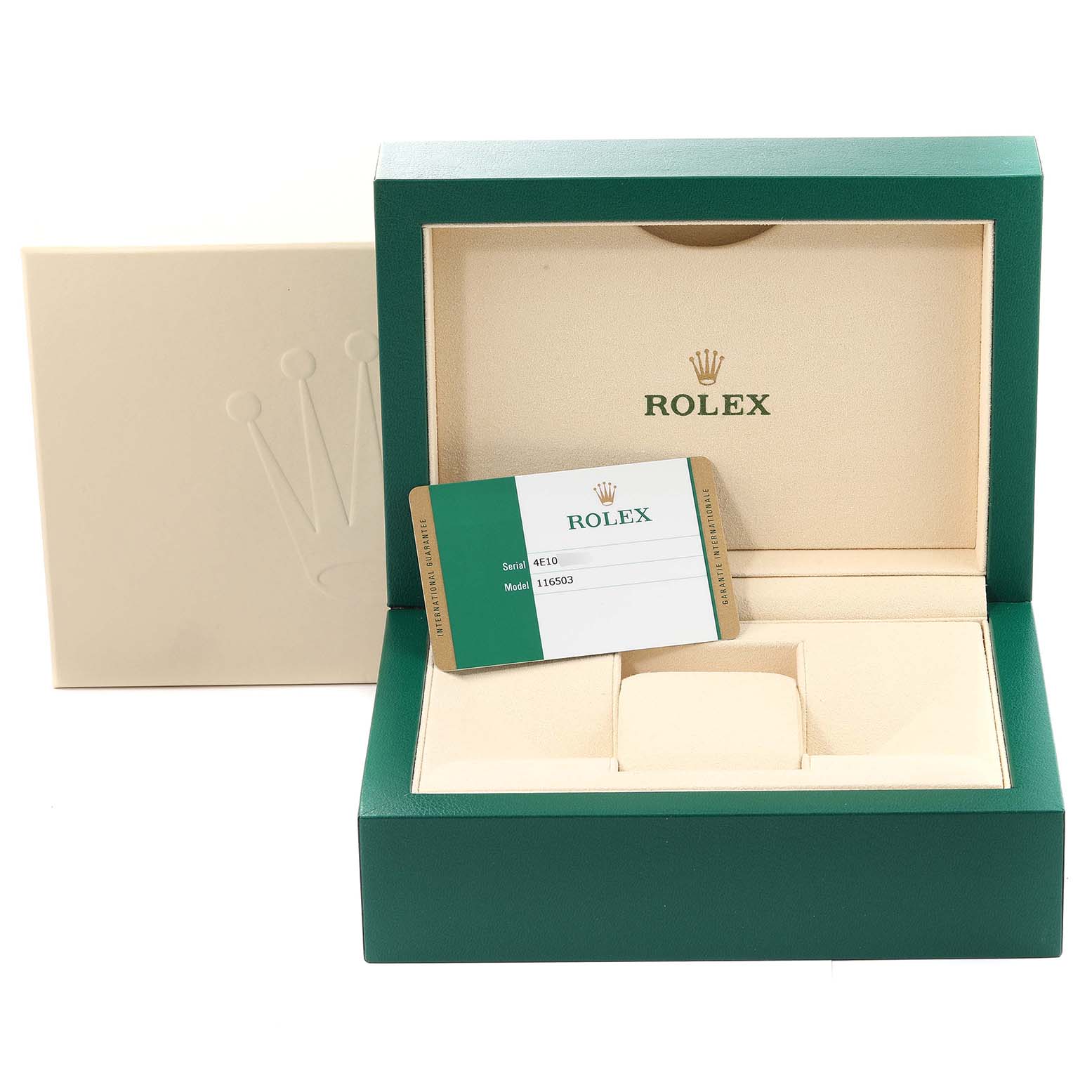 The image shows the box and authentication card for a Rolex Daytona 116503 Men's Steel and Gold (two tone) Black Dial 116503 Men's Steel and Gold (two tone) Black Dial watch, displayed from the front.