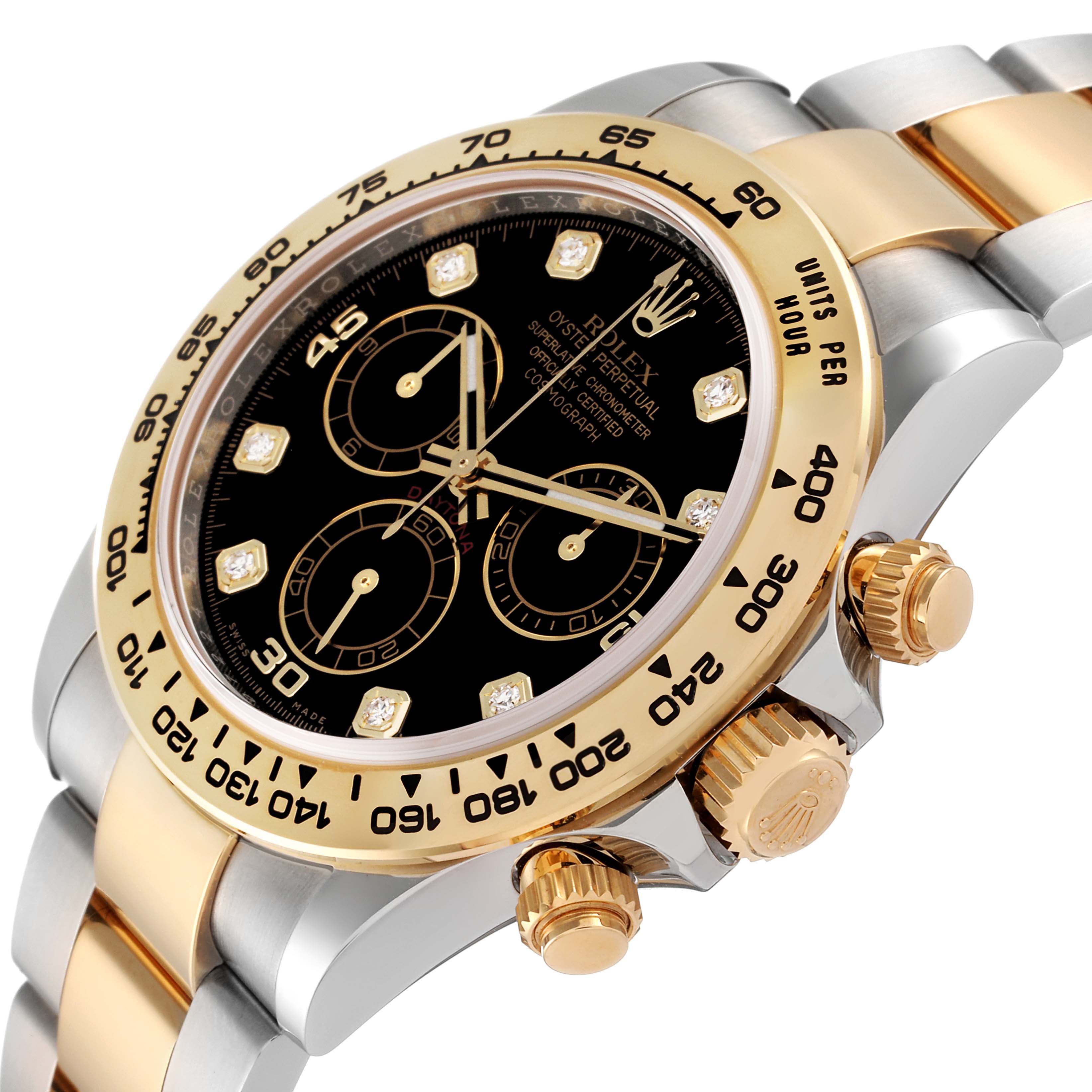 This image shows a close-up angle of the Rolex Daytona 116503 Men's Steel and Gold (two tone) Black Dial 116503 Men's Steel and Gold (two tone) Black Dial model, highlighting the bezel, crown, pushers, and part of the bracelet.