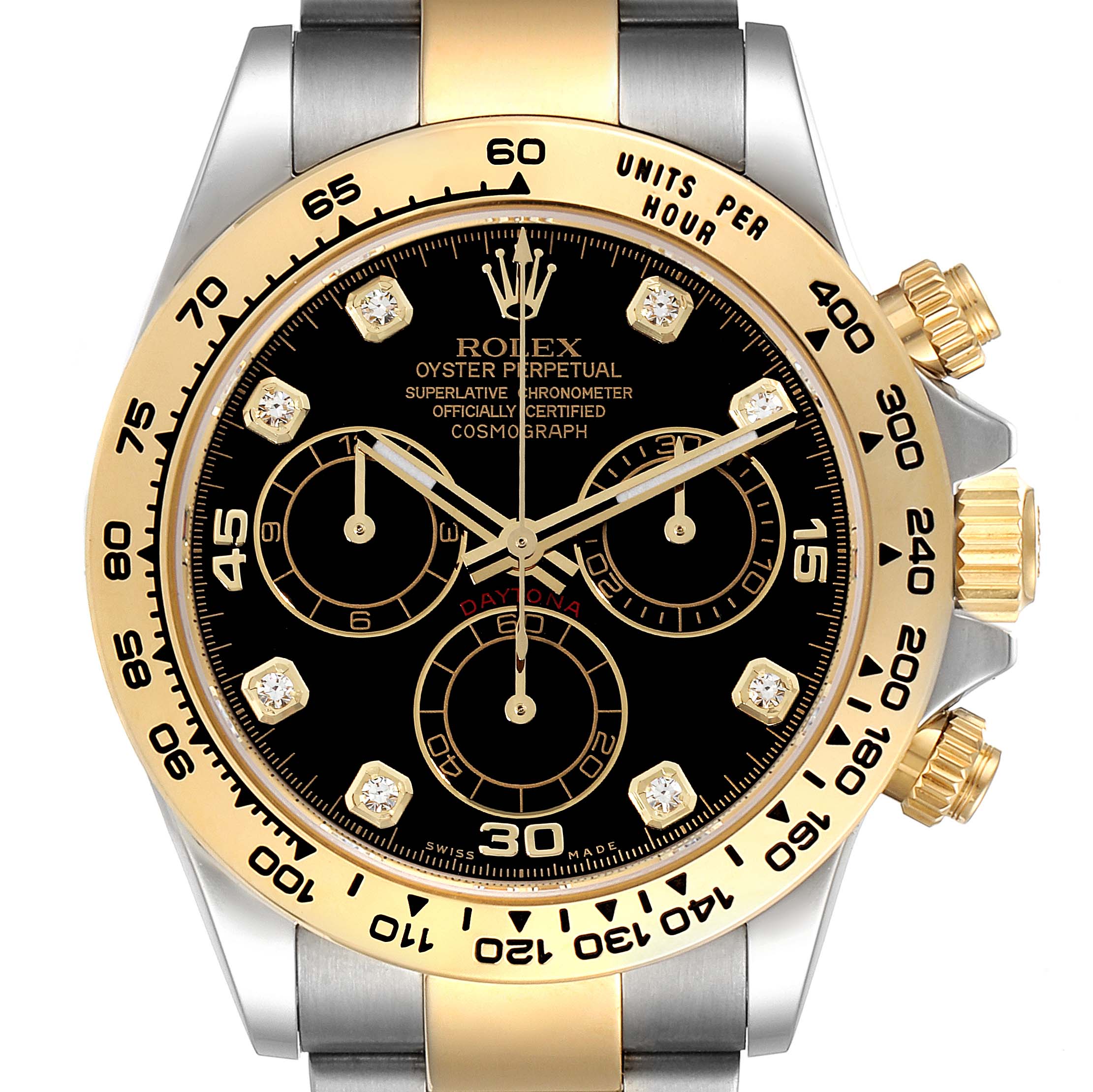 The image shows a frontal view of a Rolex Daytona 116503 Men's Steel and Gold (two tone) Black Dial 116503 Men's Steel and Gold (two tone) Black Dial watch featuring a black dial, gold bezel, and subdials.