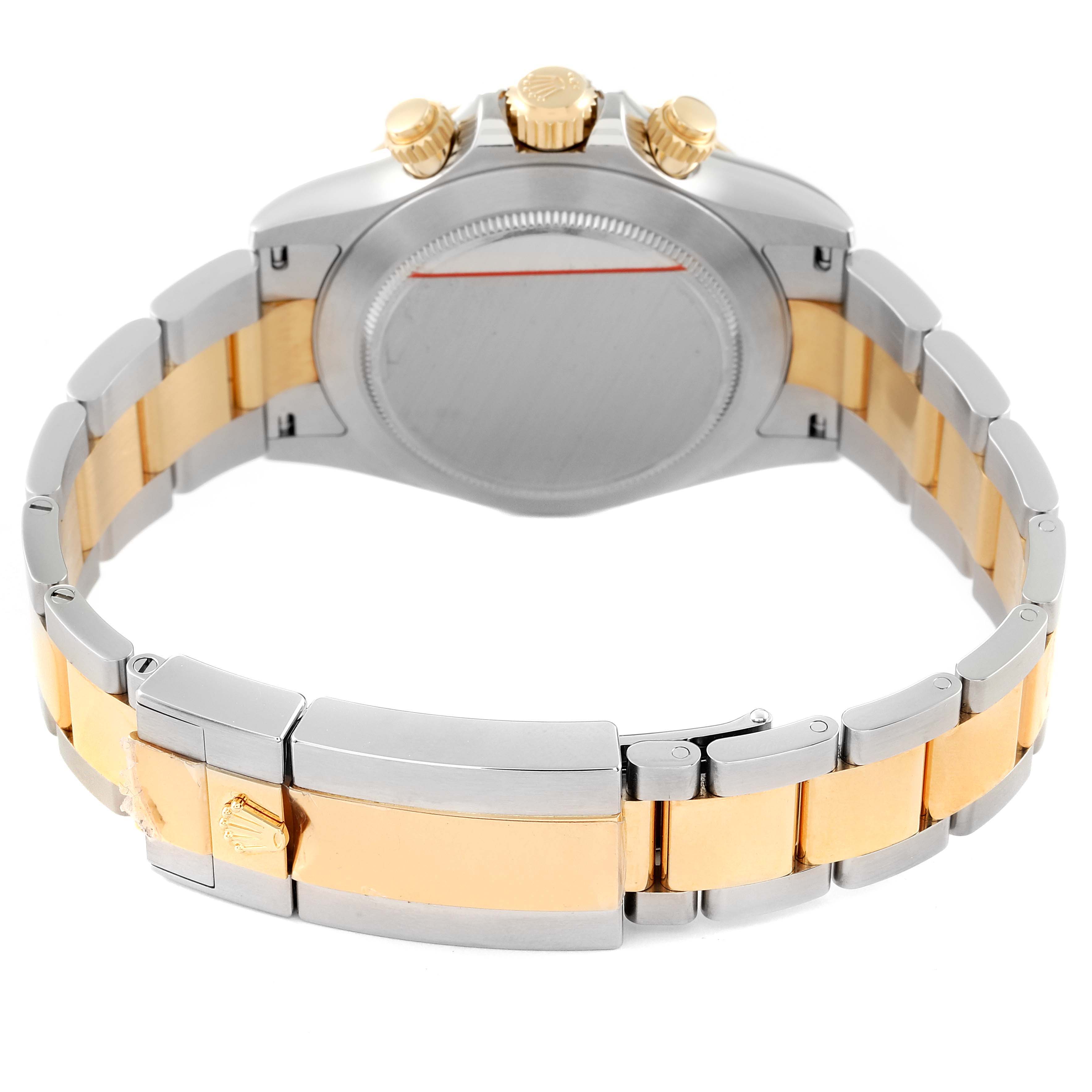 The image shows the back view of a Rolex Daytona 116503 Men's Steel and Gold (two tone) Black Dial 116503 Men's Steel and Gold (two tone) Black Dial watch, highlighting the clasp, bracelet, and case back.