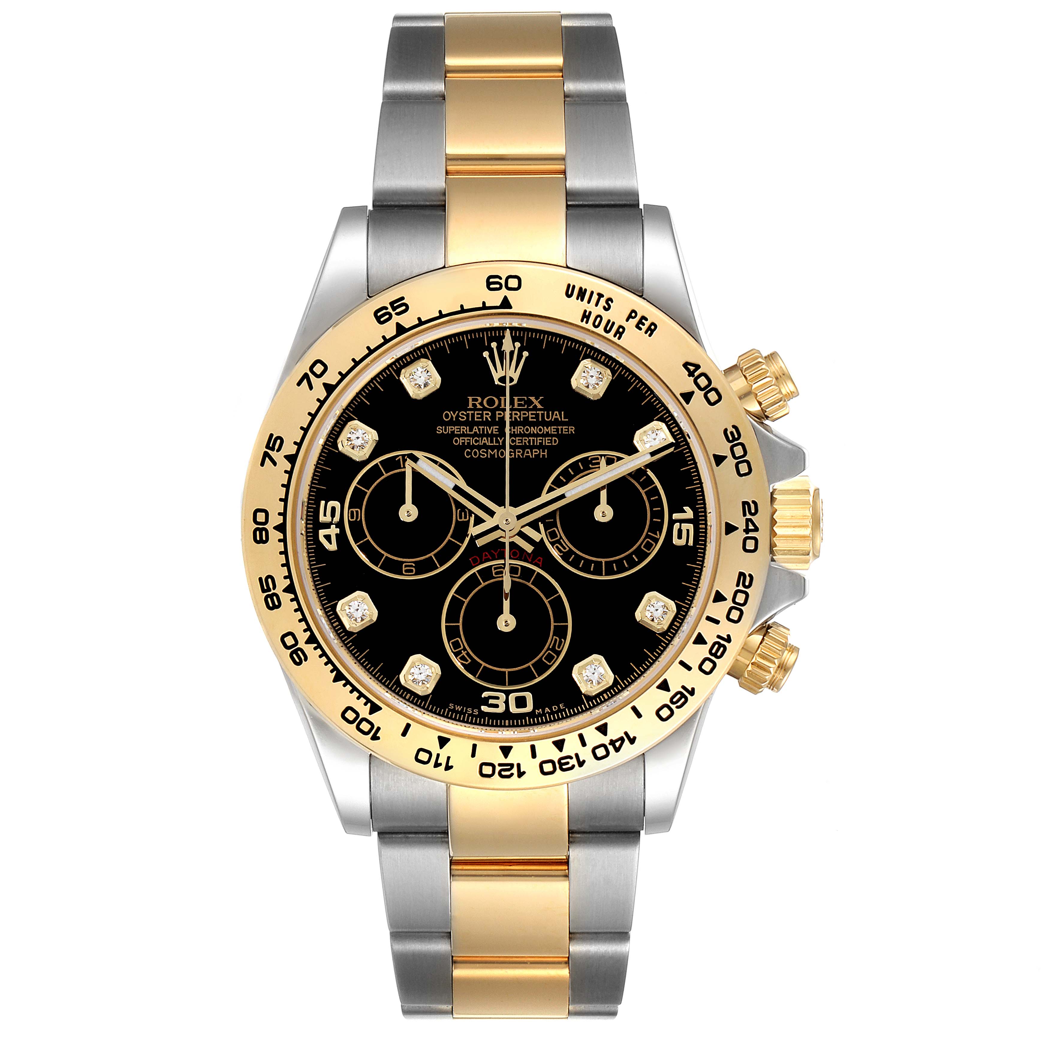 The image shows a Rolex Daytona 116503 Men's Steel and Gold (two tone) Black Dial 116503 Men's Steel and Gold (two tone) Black Dial watch, front view, highlighting its black dial, gold bezel, and two-tone metal bracelet.