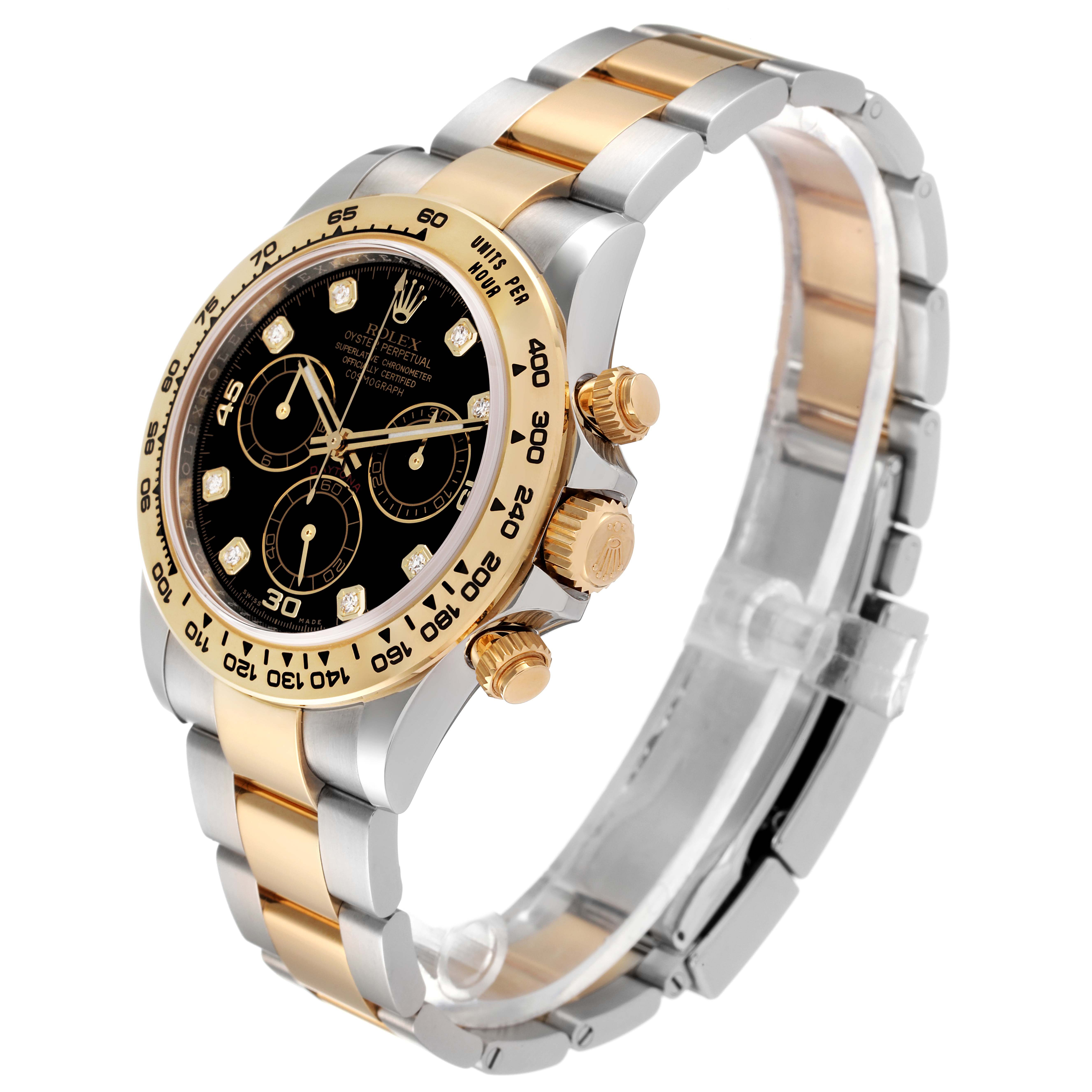 The Rolex Daytona 116503 Men's Steel and Gold (two tone) Black Dial 116503 Men's Steel and Gold (two tone) Black Dial watch is shown at a three-quarter angle, displaying the face, bezel, pushers, and bracelet.